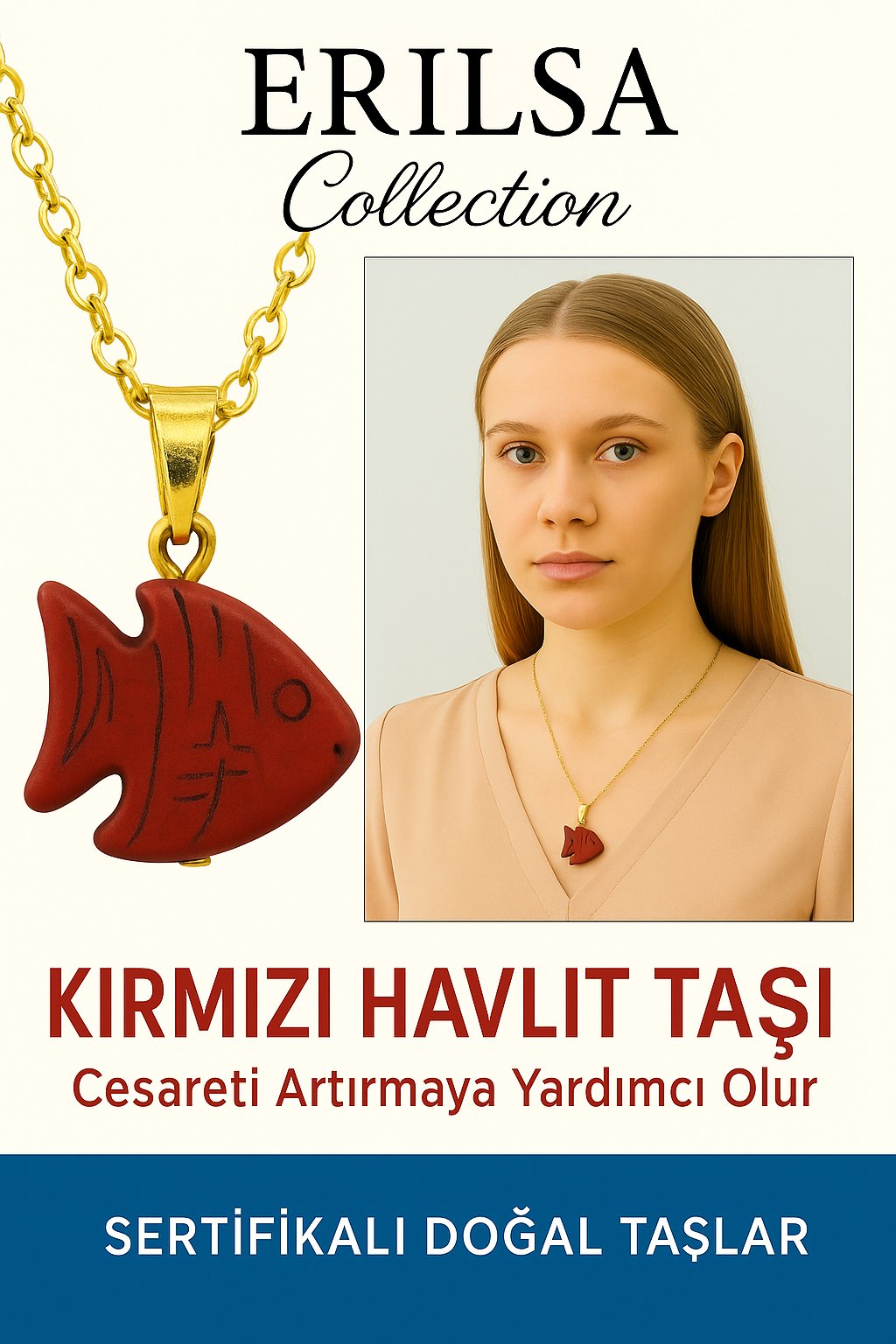 Sertifikalı Sarı Renkli Balık Model Kırmızı Havlit Taşı Kolye