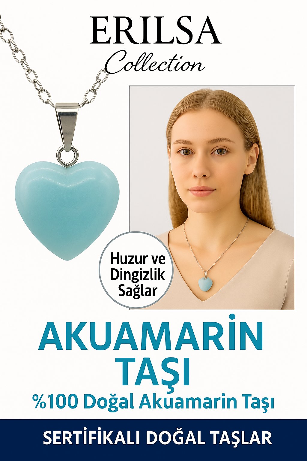 Sertifikalı Kalp Model Akuamarin Taşı Kolye – Sakinlik ve İfade Gücü Veren Doğal Taş