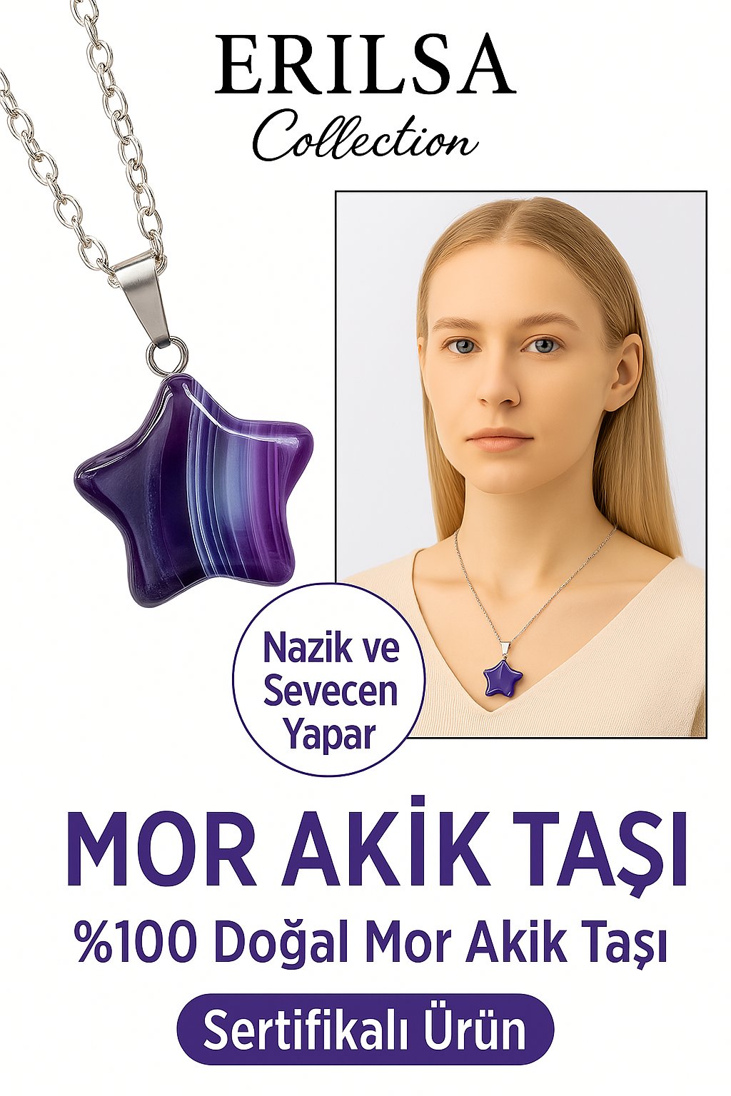 Sertifikalı Yıldız Kesim Mor Akik Taşı Kolye – Ruhsal Denge ve İçsel Huzur Taşı