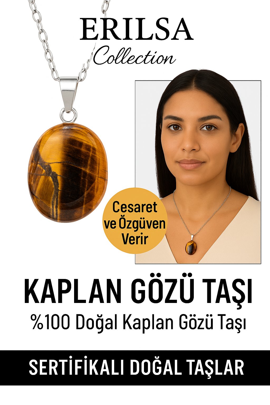 Sertifikalı Oval Kaplan Gözü Taşı Doğal Taş Kolye – Gümüş Aparatlı Cesaret ve Denge Taşı