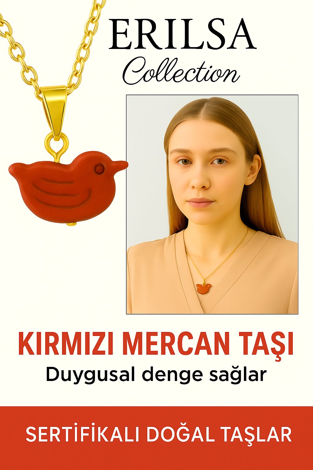 Sertifikalı Kuş Model Kırmızı Mercan Kolye – Özgürlük, Enerji ve Tutkunun Taşı