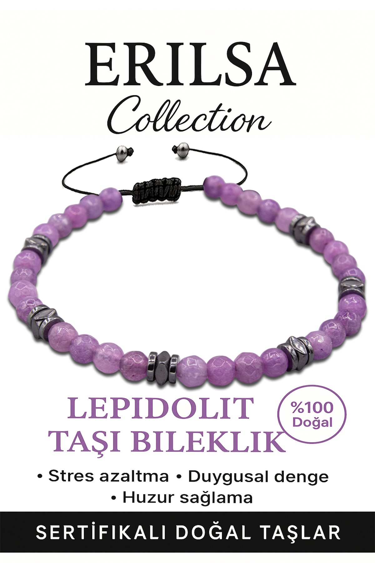 Sertifikalı AAA+ Terahertz ve Lepidolit Taşı Bileklik – İnce Model Duygusal Sakinlik