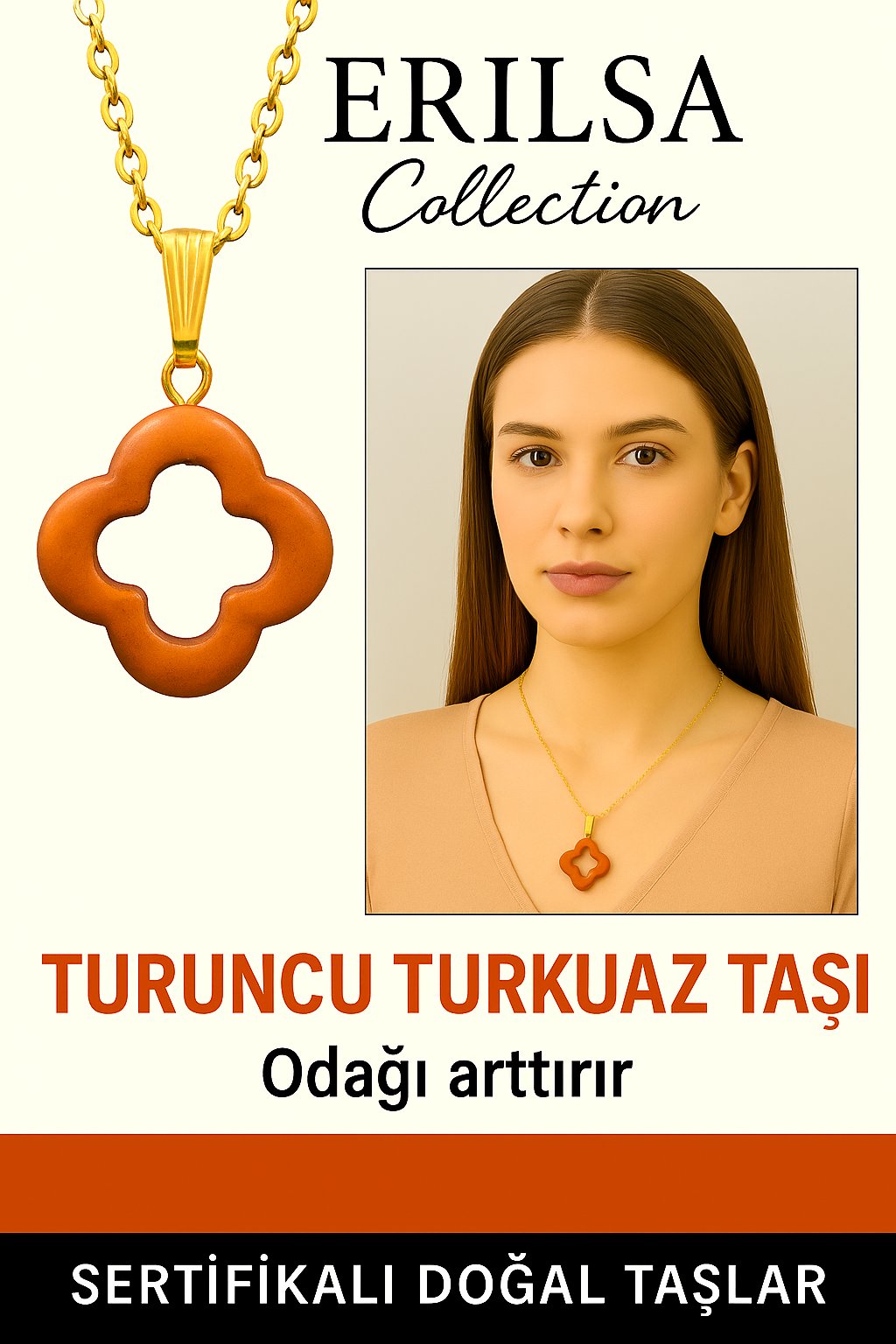Sertifikalı Gold Yonca Model Turuncu Turkuaz Taşı Kolye Odağı Arttırır