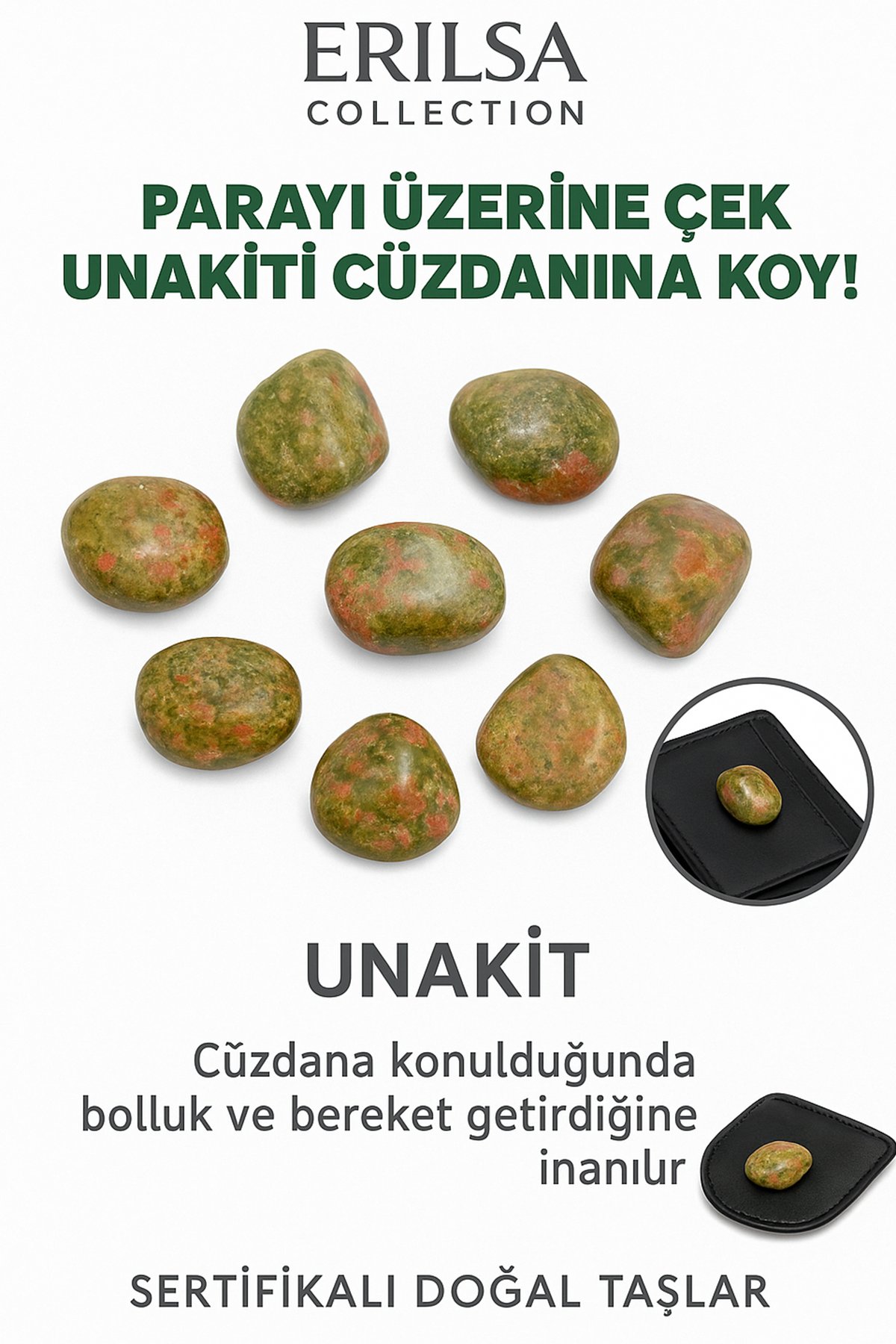 Sertifikalı Cüzdan Boy Unakit Taşı Kütle - Duygusal Şifa ve Denge Sağlar