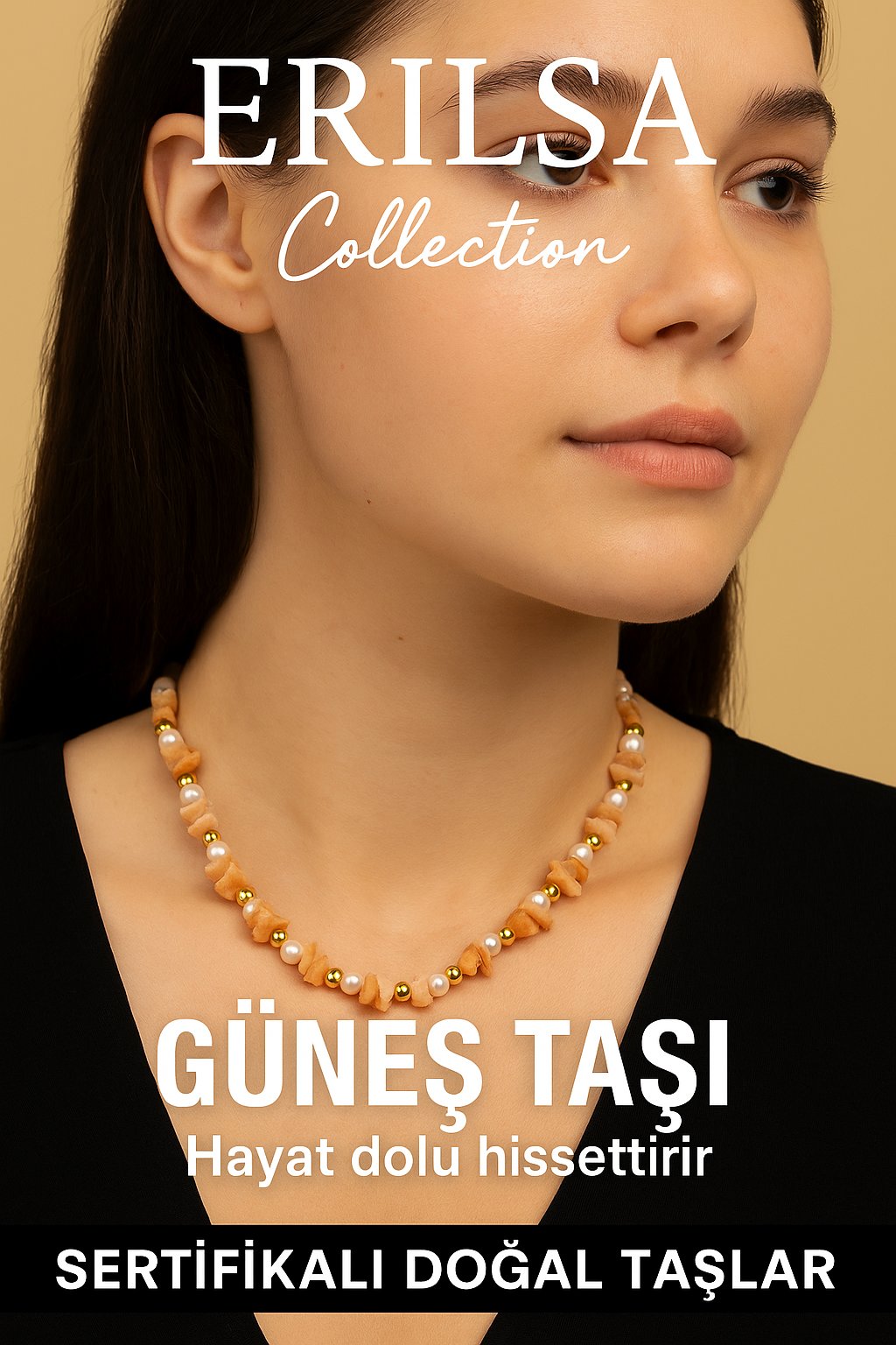 Sertifikalı Kırık Taşlı Model İnci - Güneş Taşı Kolye