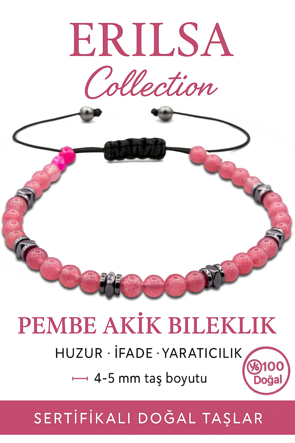 Sertifikalı Terahertz - Pembe Akik Taşı Bileklik - İnce Model Sevgi ve Dinginlik Hissi