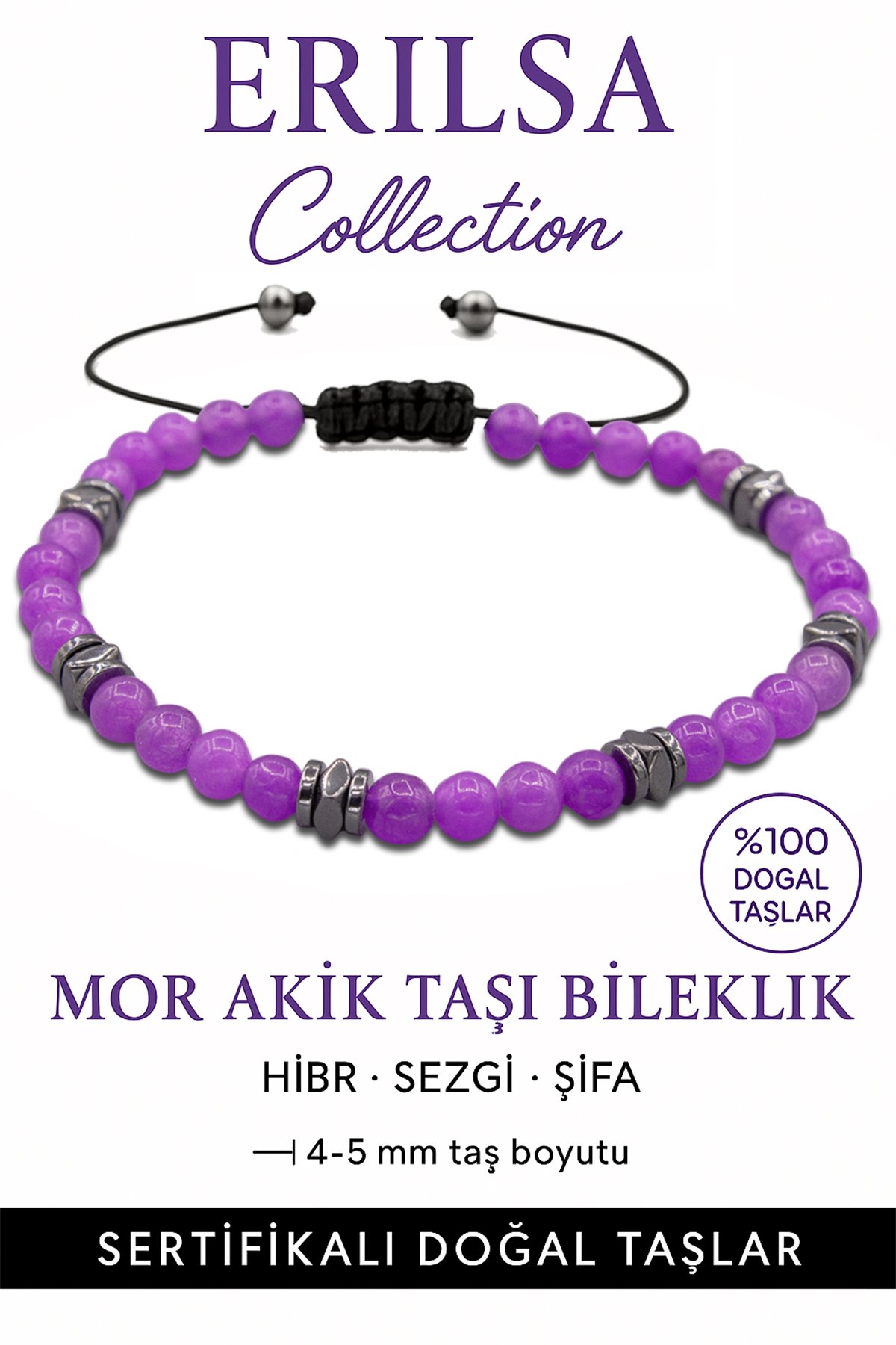 Sertifikalı Terahertz - Mor Akik Taşı Bileklik - İnce Model İç Huzur ve Konsantrasyon