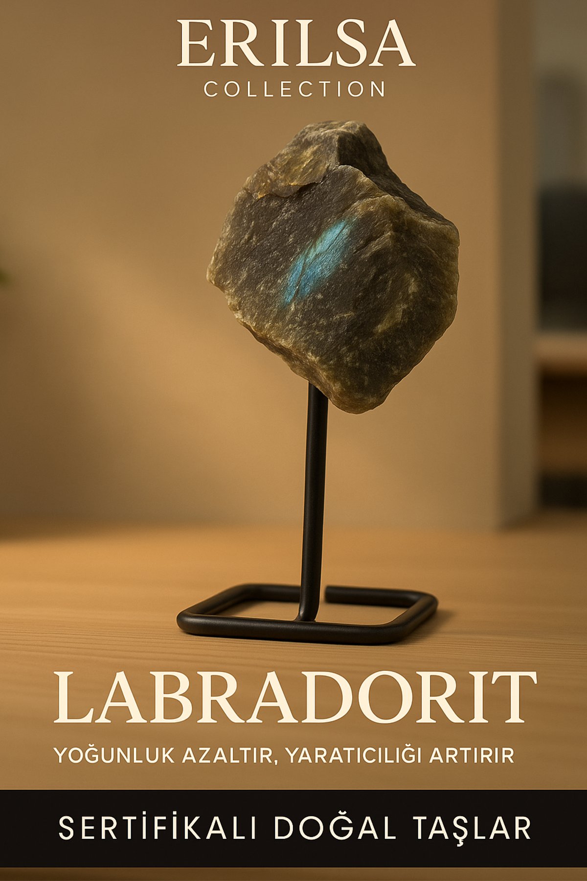 Sertifikalı Doğal Ham Labradorit Taşı Standlı Dekoratif Obje – Aura Koruma ve Sezgileri Güçlendirir
