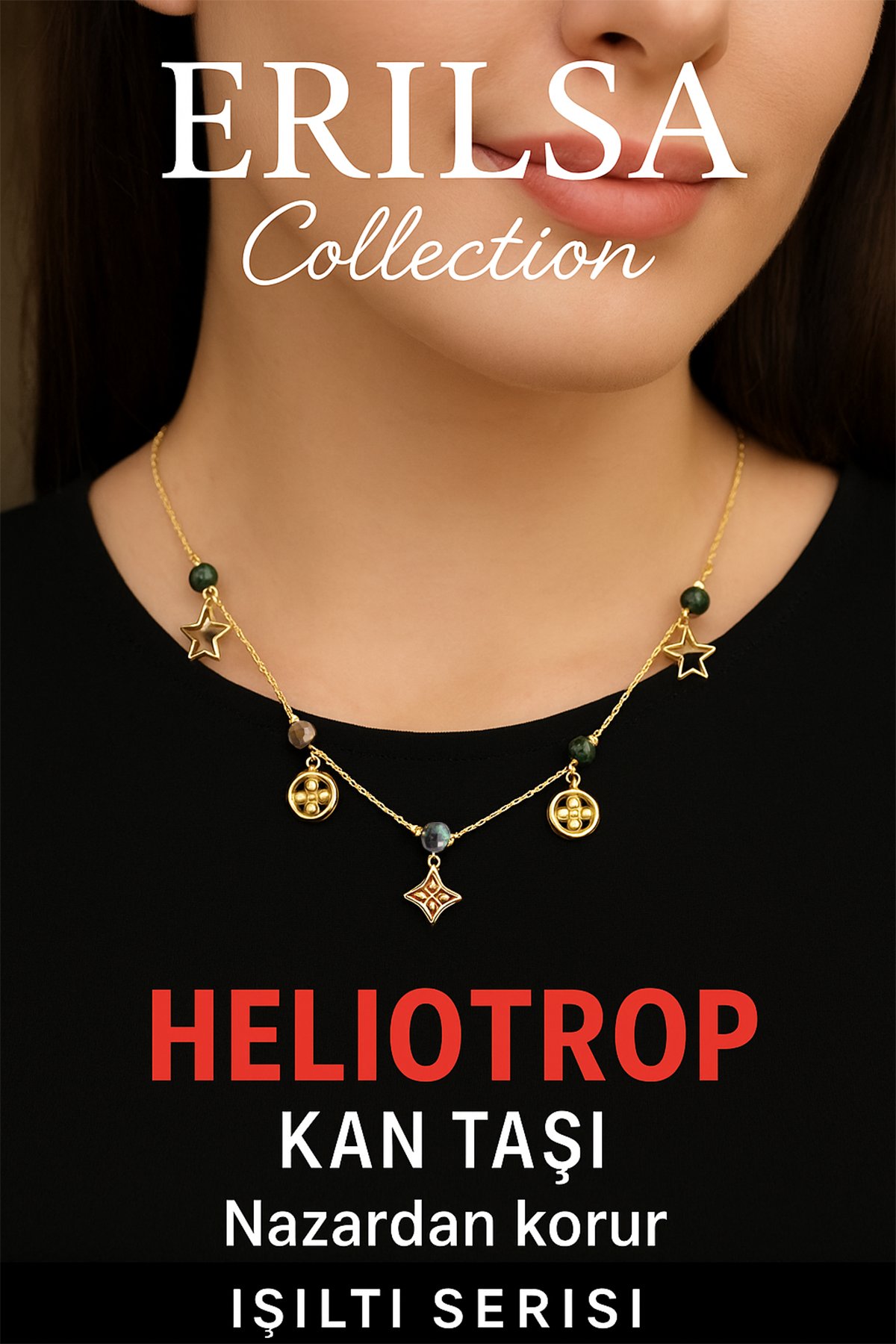 Sertifikalı Gold Heliotrop - Kan Taşı Şans Charm Kolye - Işıltı Serisi