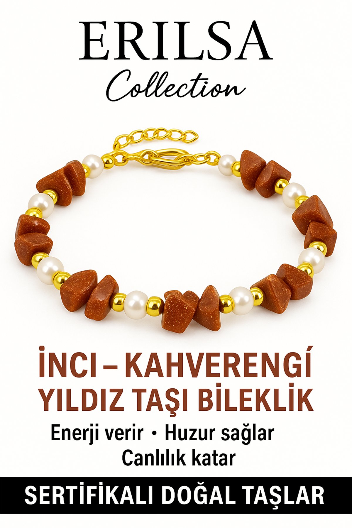 Sertifikalı Kırık Taşlı Model İnci – Kahverengi Yıldız Taşı Bileklik – Koruma ve Şans Enerjisi