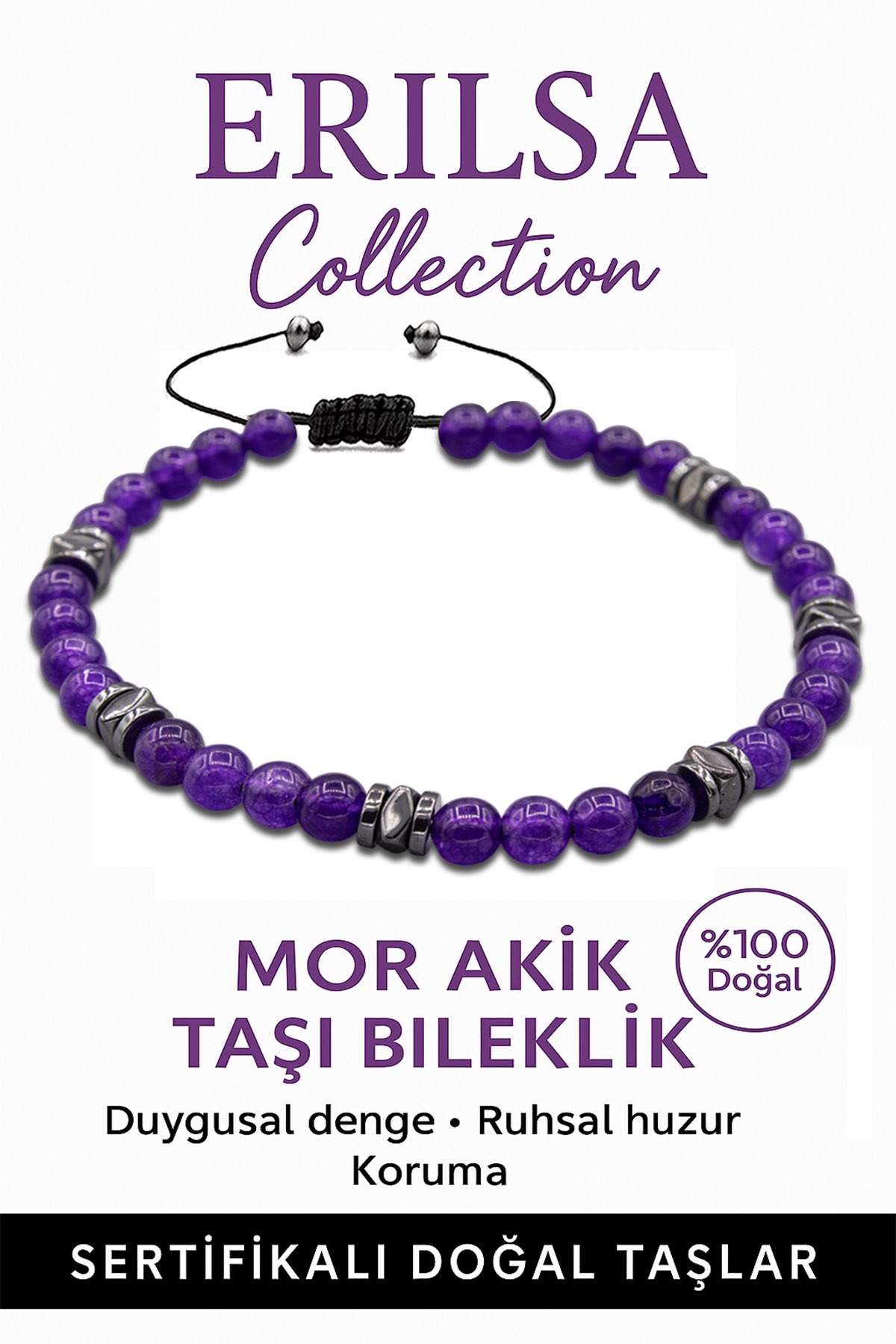 Sertifikalı İnce Model AAA+ Terahertz ve Koyu Mor Akik Bileklik – Pozitif Enerji