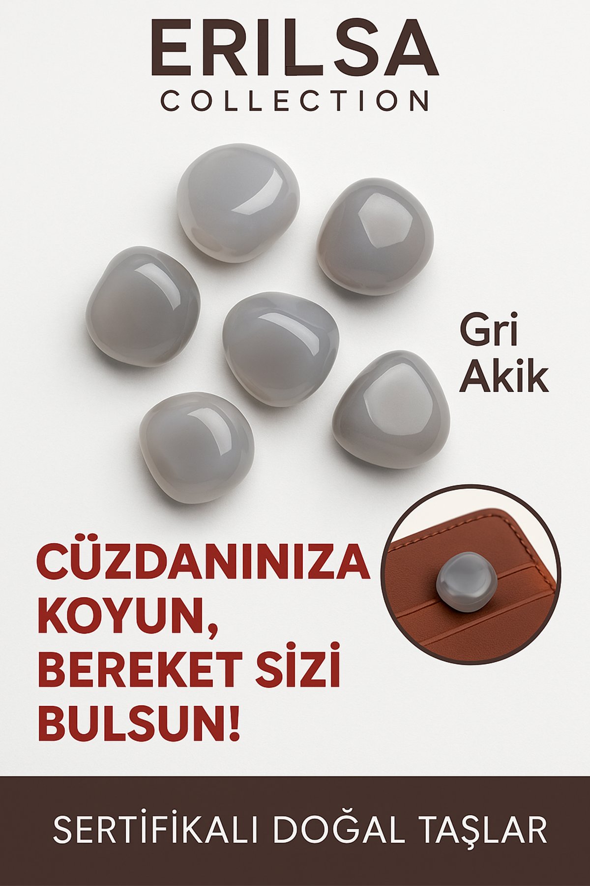 Sertifikalı Cüzdan Boy Tamburlanmış Gri Akik Taşı Kütle - Sakinlik, Odak ve Günlük Enerji Dengesi