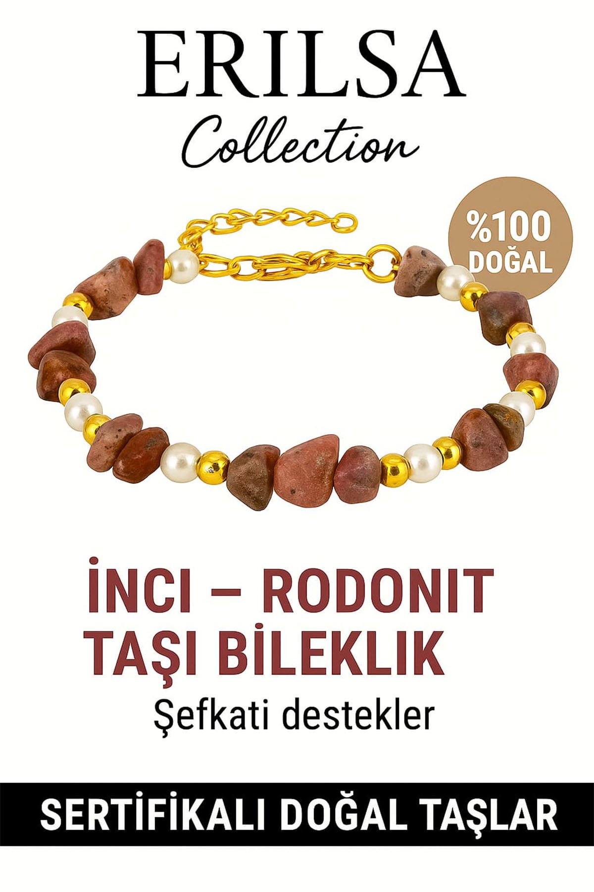 Sertifikalı Kırık Taşlı Model İnci Rodonit Taşı Bileklik – Sevgi ve Denge Enerjisi