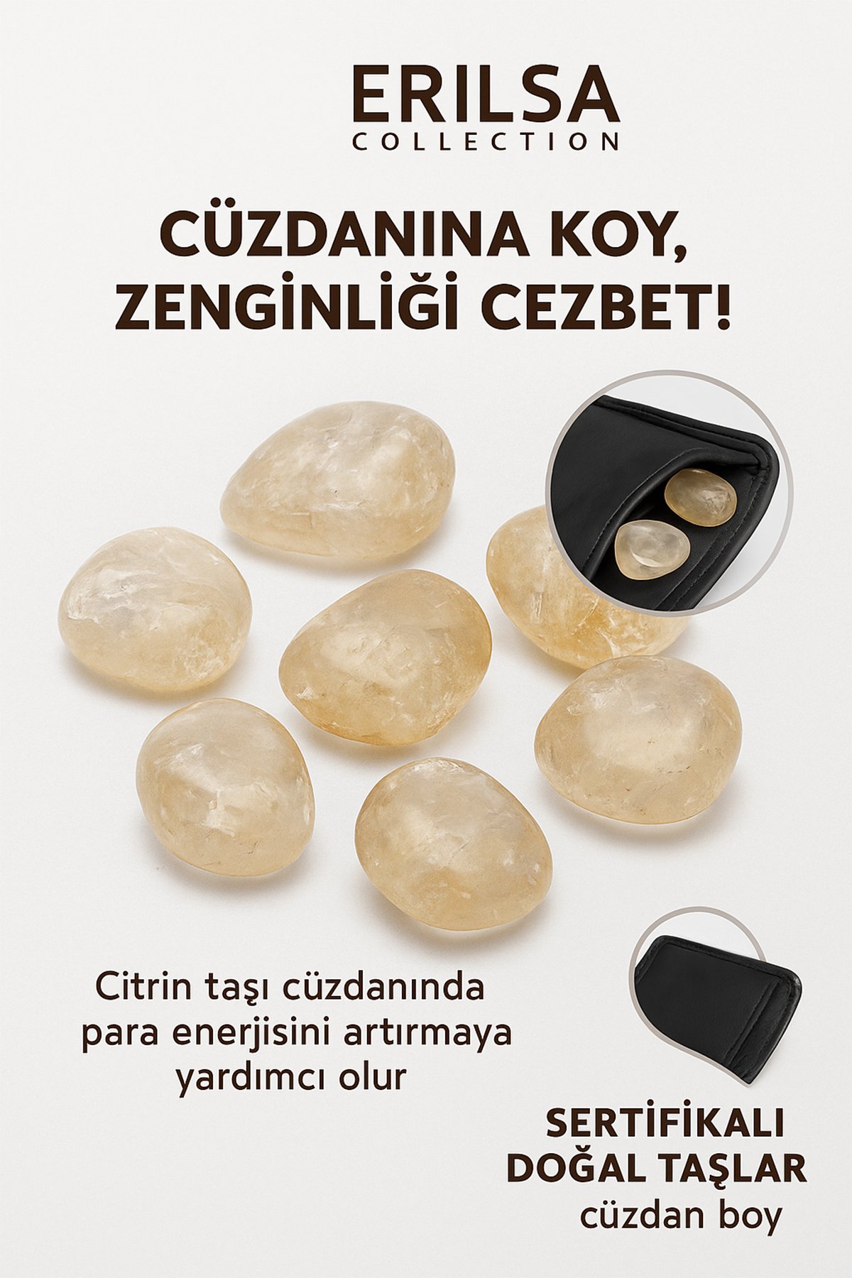 Sertifikalı Cüzdan Boy Tamburlanmış Açık Şeffaf Sitrin Taşı Kütle - Bolluk, Işık Günlük Enerji