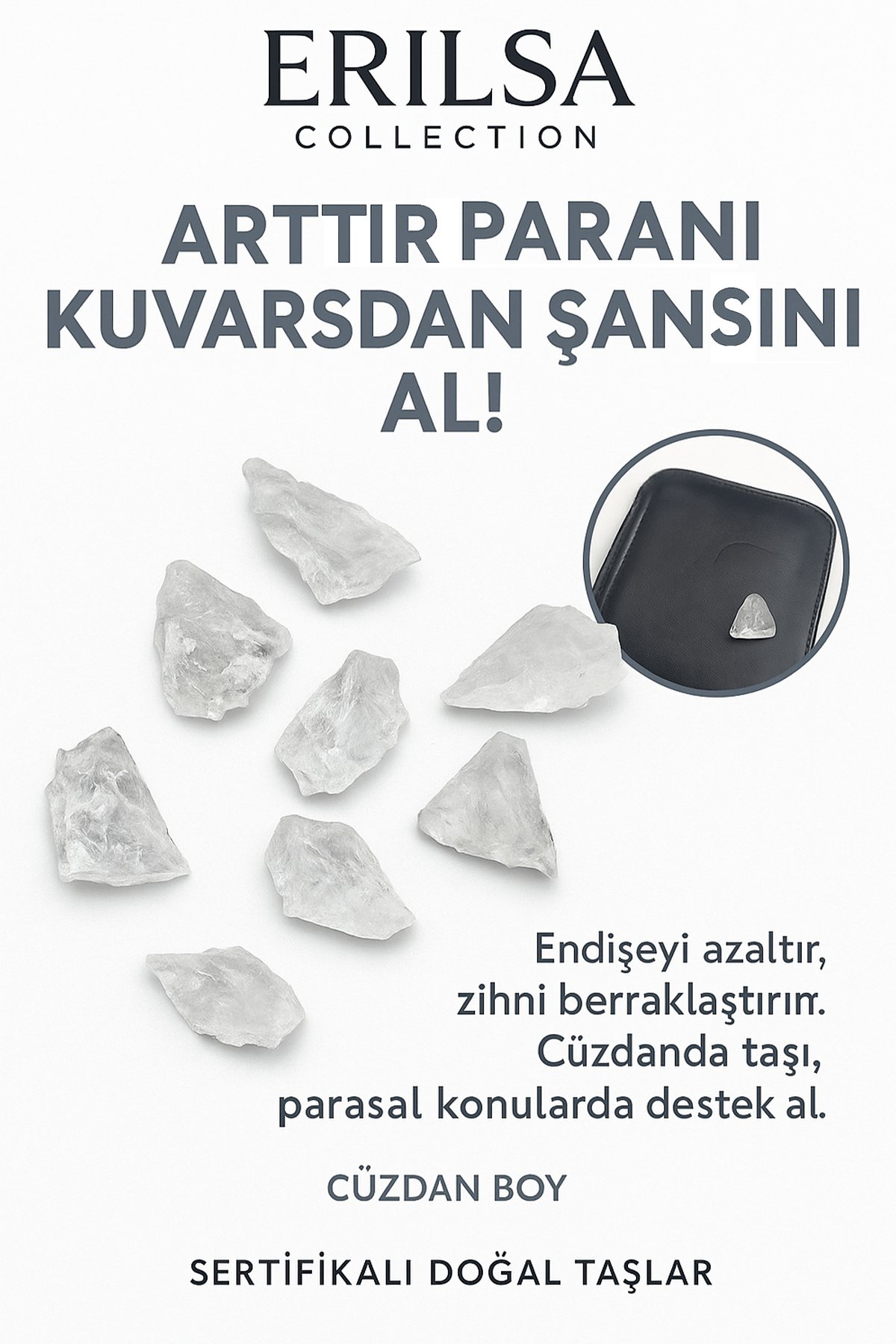 Sertifikalı Ham Cüzdan Boy Kristal Kuvars Taşı Kütle - Günlük Arınma ve Enerji Temizliği Taşı