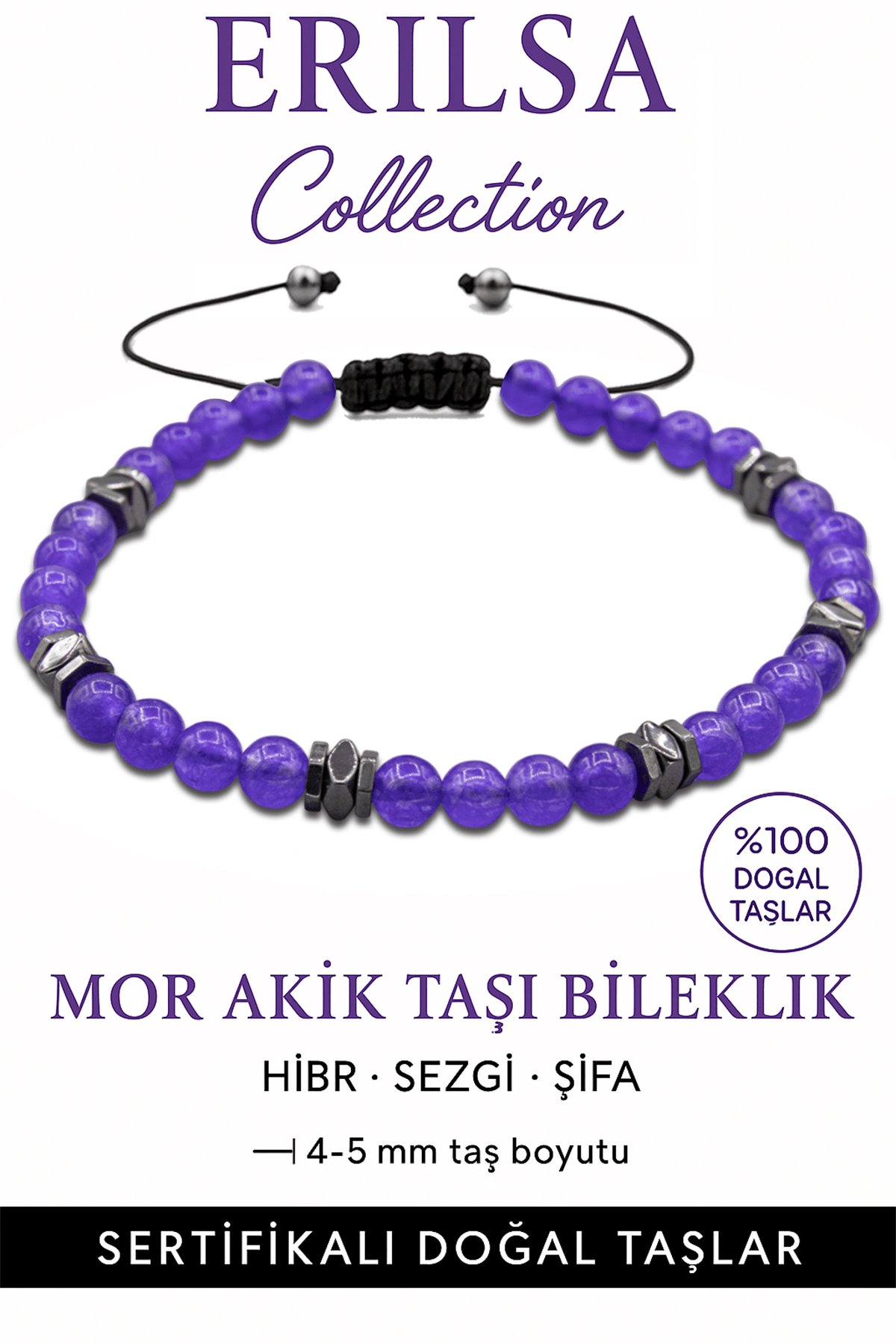 Sertifikalı Terahertz - Mor Akik Taşı Bileklik - İnce Model İç Huzur ve Konsantrasyon