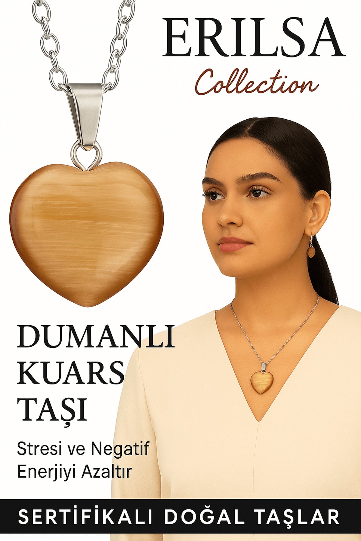 Sertifikalı Kalp Model Dumanlı Kuvars Taşı Kolye – Negatif Enerjiye Karşı Kalkan ve Ruhsal Arınma