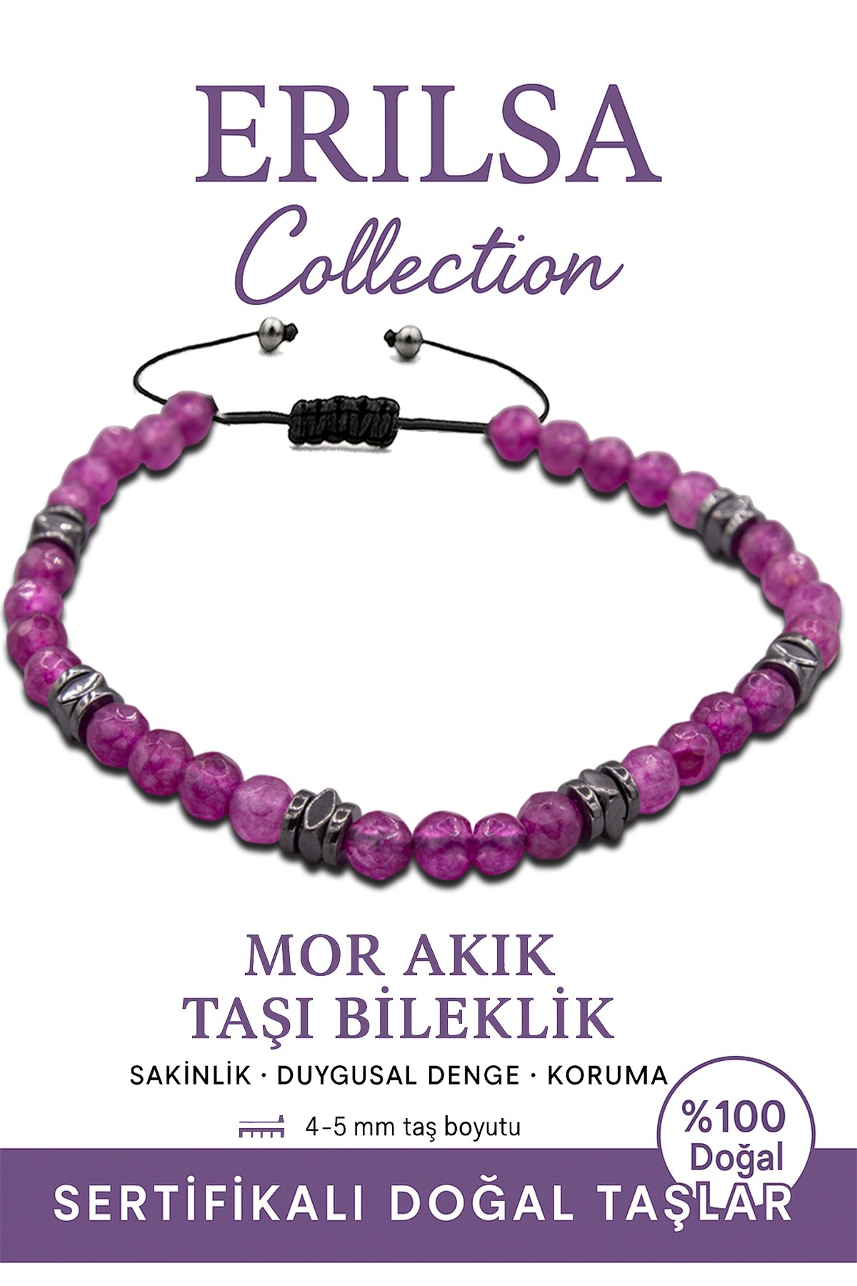 Sertifikalı Fasetli Terahertz – Mor Akik Taşı Bileklik (İnce Model) – Ruhsal Koruma, Denge ve Sezgi Taşı