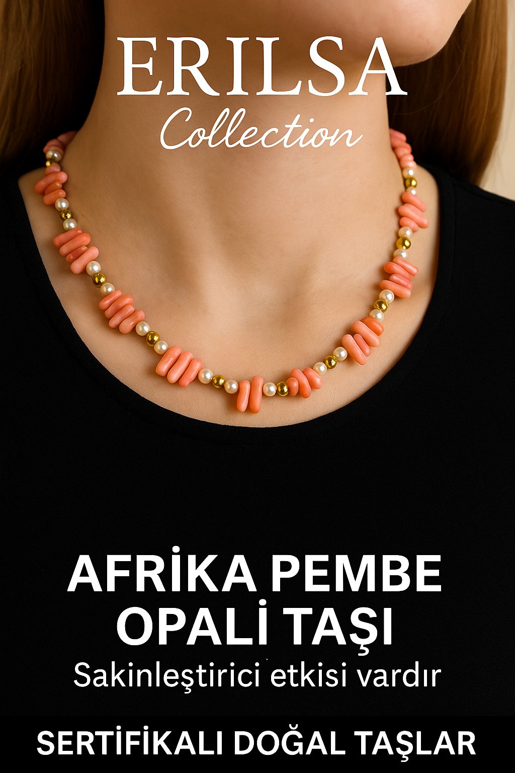 Sertifikalı Diş Model İnci ve Afrika Pembe Opal Taşı Kolye