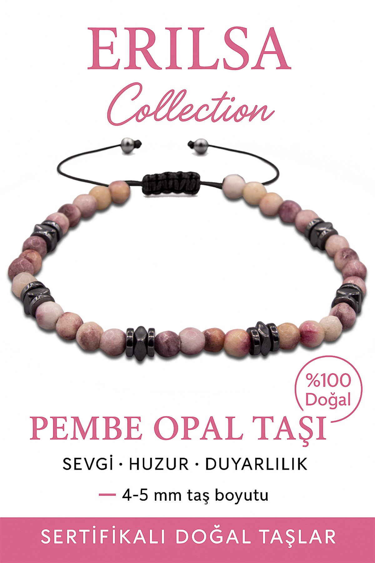 Sertifikalı Fasetli Terahertz – Pembe Opal Taşı Bileklik (İnce Model) – Şefkat, Duygusal Şifa ve Yumuşak Enerji Taşı