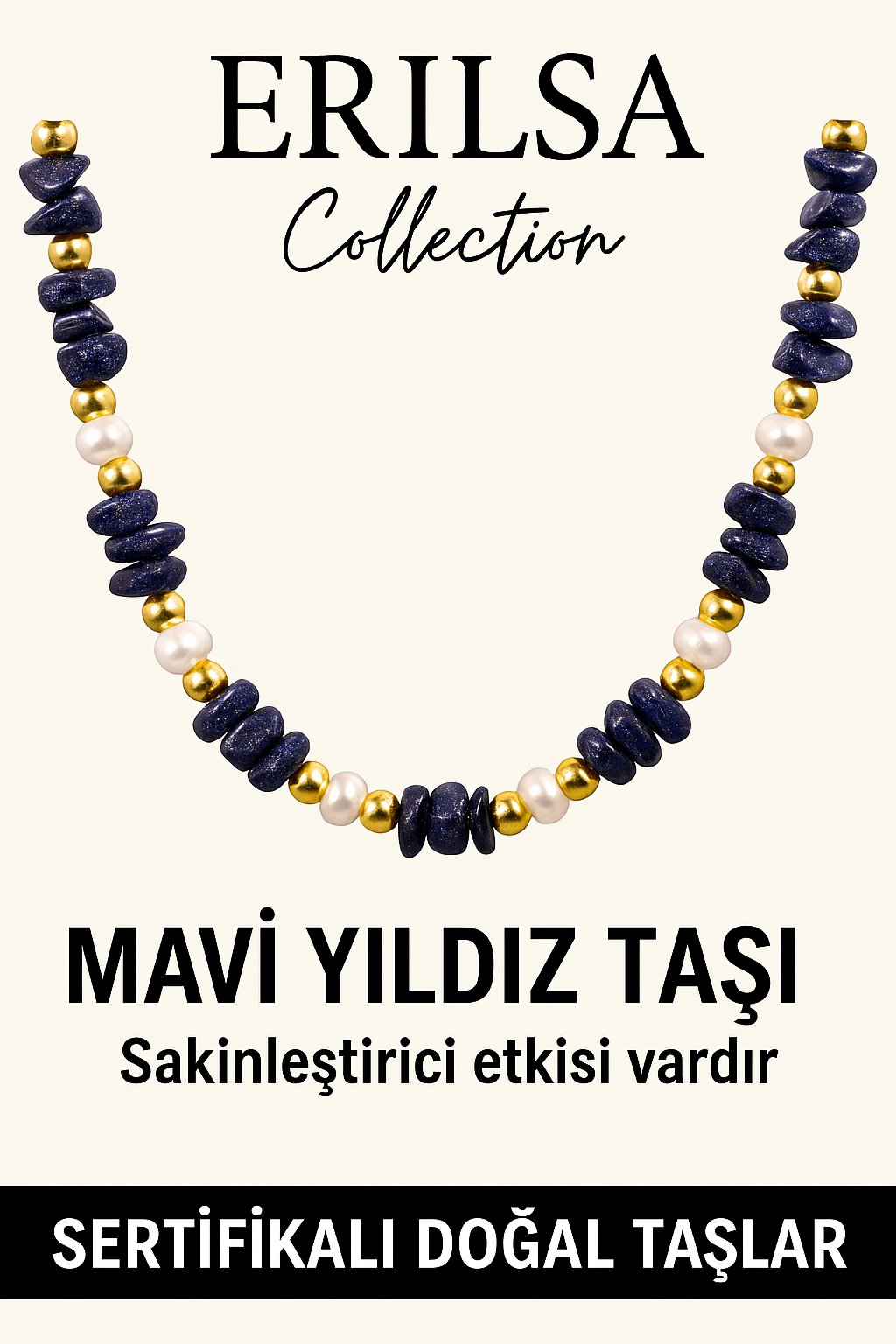 Sertifikalı Kırık Taşlı Model İnci - Mavi Yıldız Taşı Kolye