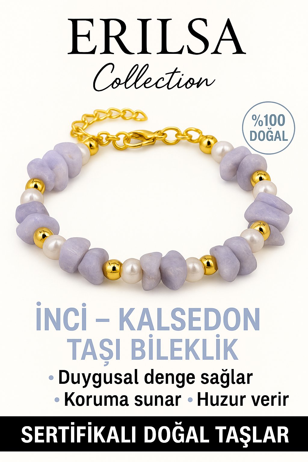 Sertifikalı İnci ve Kalsedon Taşı Bileklik – Duygusal Denge ve Huzur