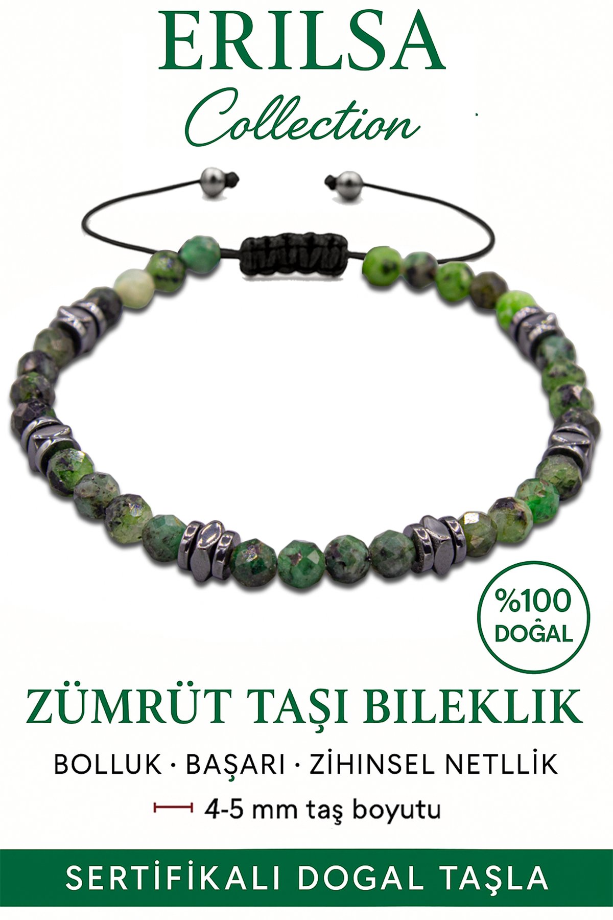 Sertifikalı Fasetli Terahertz – Zümrüt Taşı Bileklik (İnce Model) – Kalp Gücü, Bereket ve Şifa Taşı