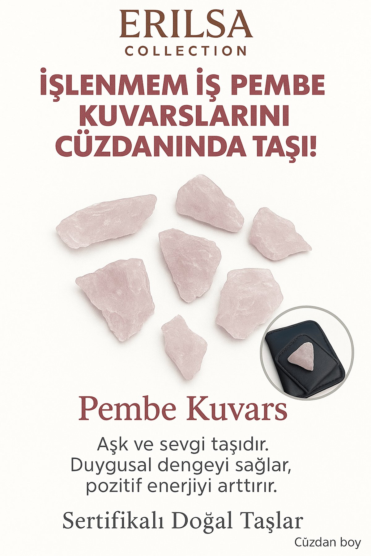 Sertifikalı Ham Cüzdan Boy Pembe Kuvars Taşı Kütle - El Taşı - Sevgi Frekansı ve Günlük Duygusal Denge