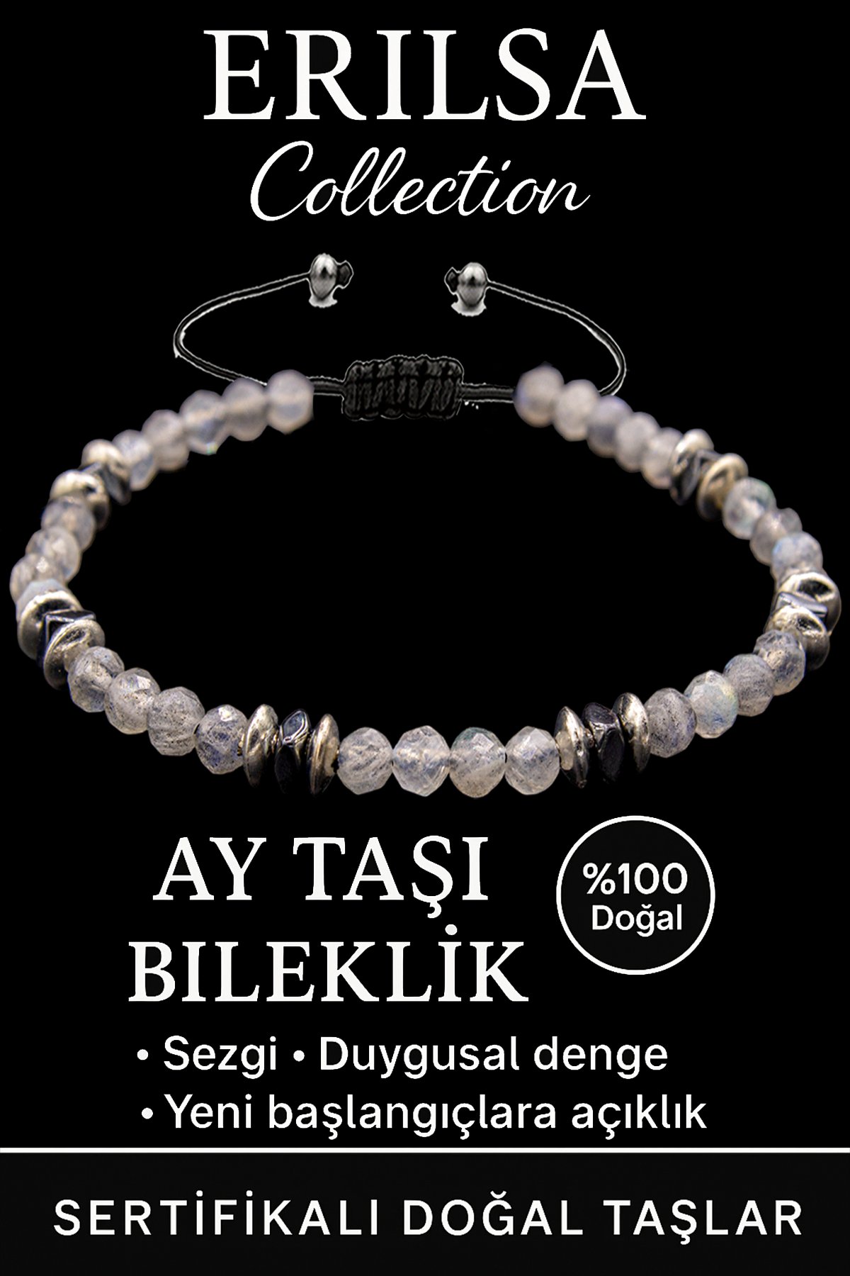 Sertifikalı Fasetli AAA+ Terahertz ve Ay Taşı Bileklik – İnce Model Sezgisel Güç