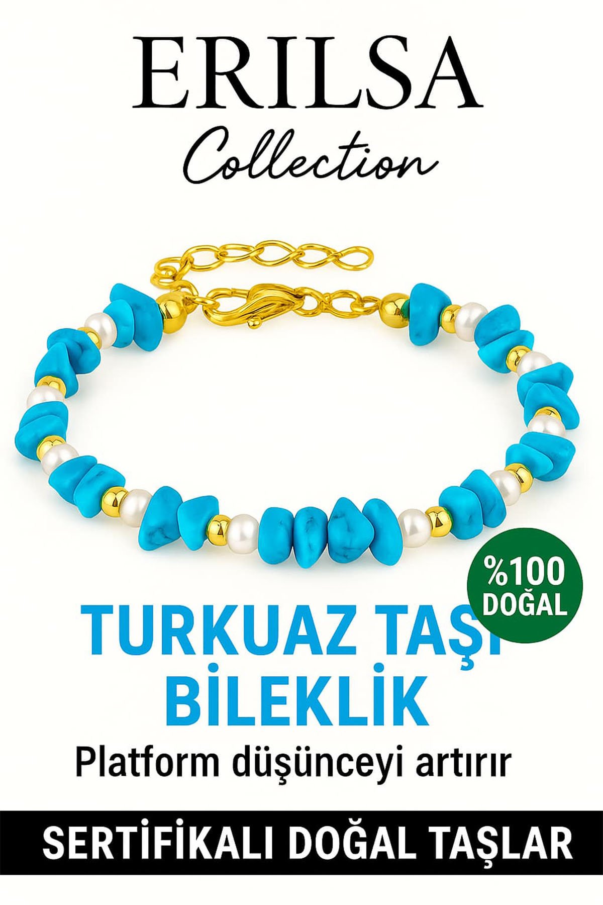Sertifikalı Kırık Taşlı Model İnci – Firuze Taşı Bileklik – Şifa ve Koruma Enerjisi