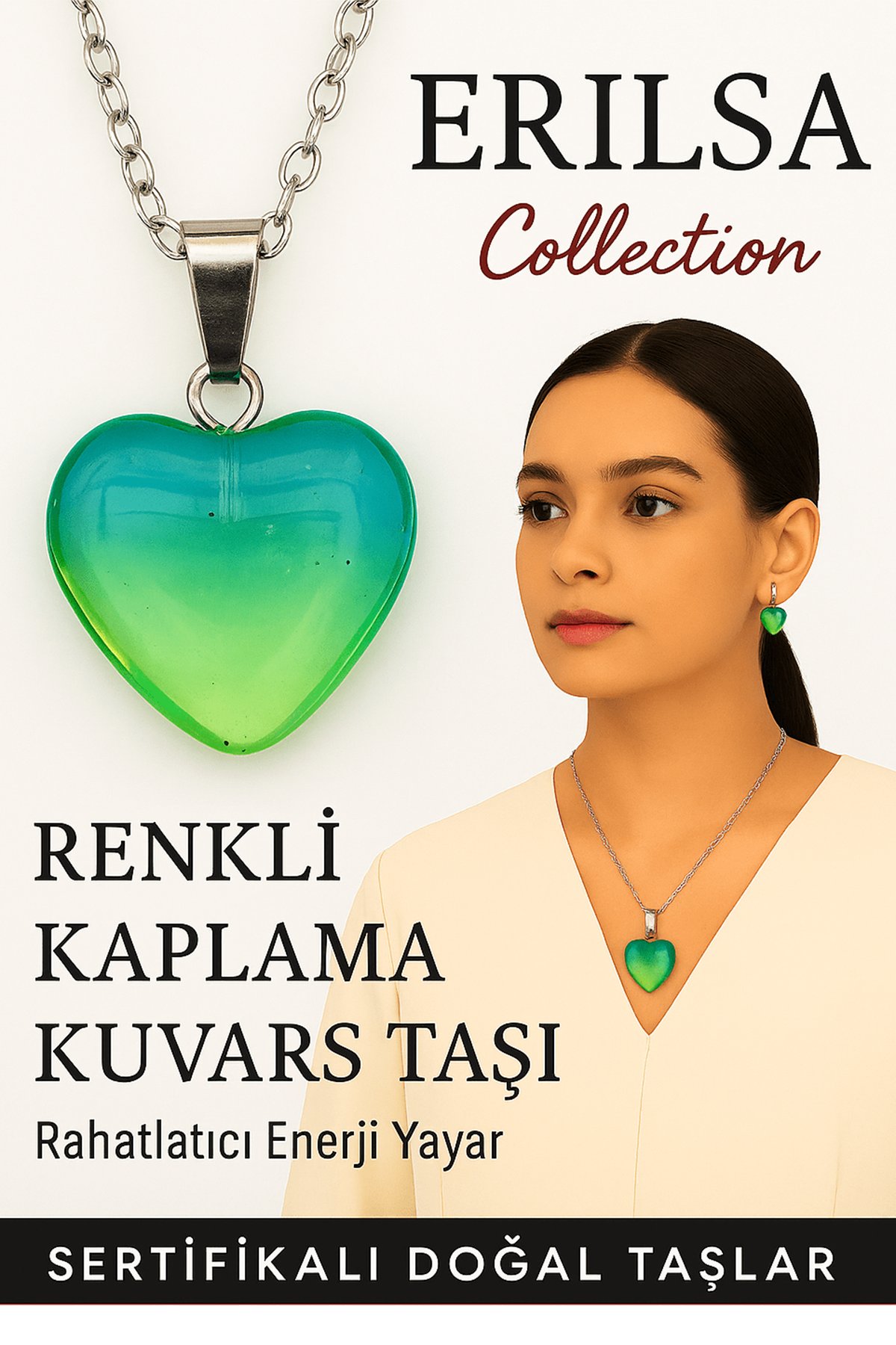 Sertifikalı Renkli Kaplama Kuvars Taşı Kolye (Mavi Yeşil) – Huzur, Denge ve İfade Gücü Taşı