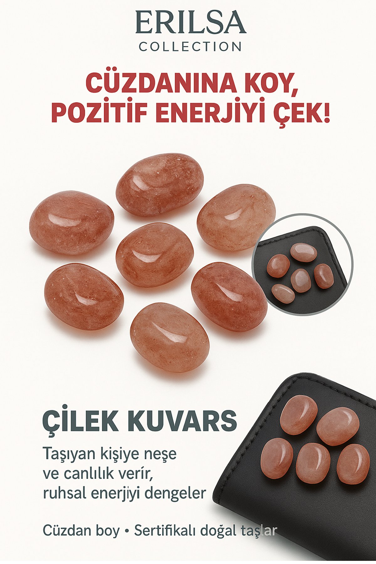 Sertifikalı Cüzdan Boy Çilek Kuvars Taşı Kütle - Sevgi ve İçsel Neşe Hissi Uyandırır