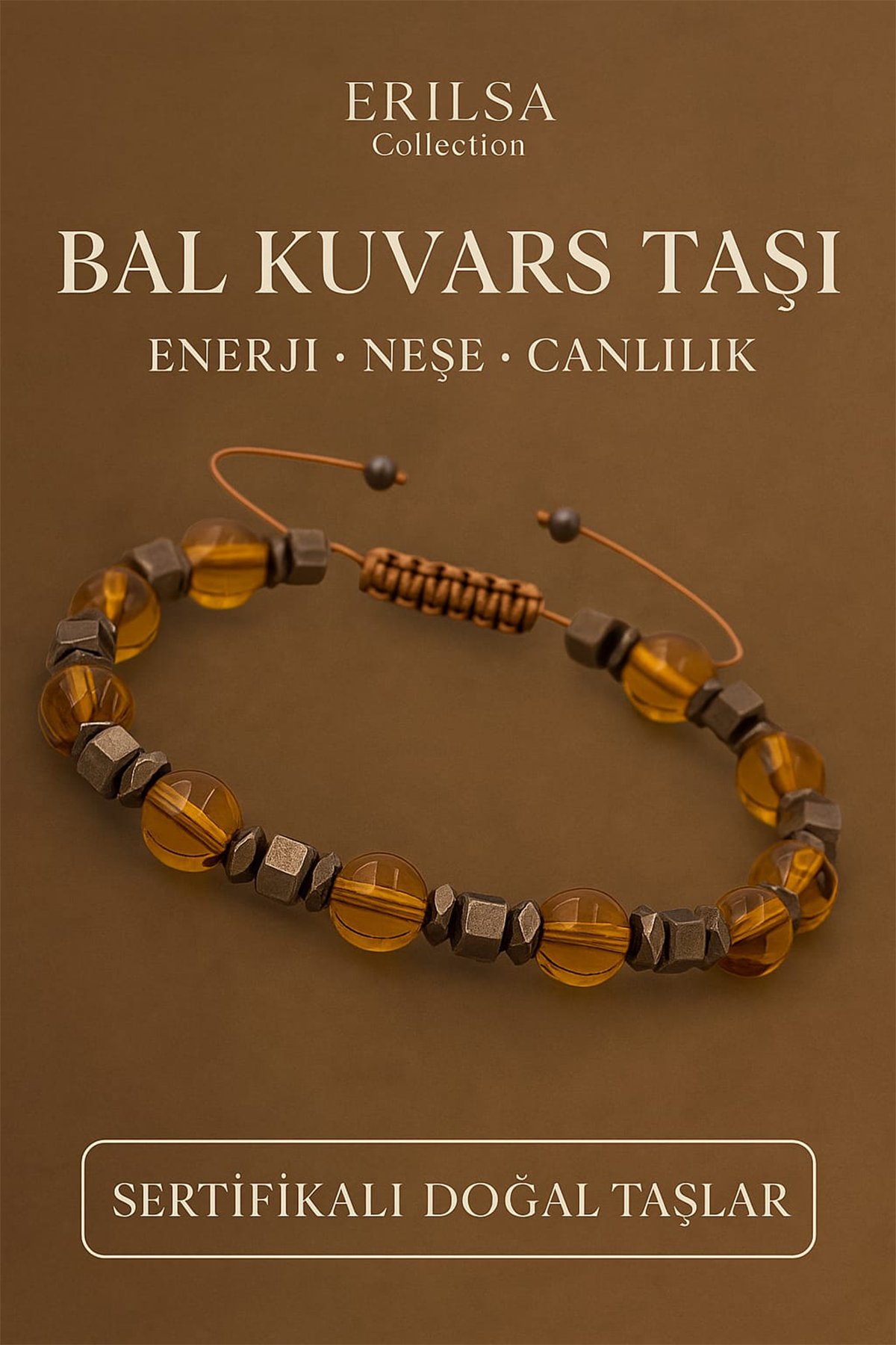 Sertifikalı Bal Kuvars ve Terahertz Taşı Bileklik – Canlılık ve Güç Veren Modern Doğal Şıklık