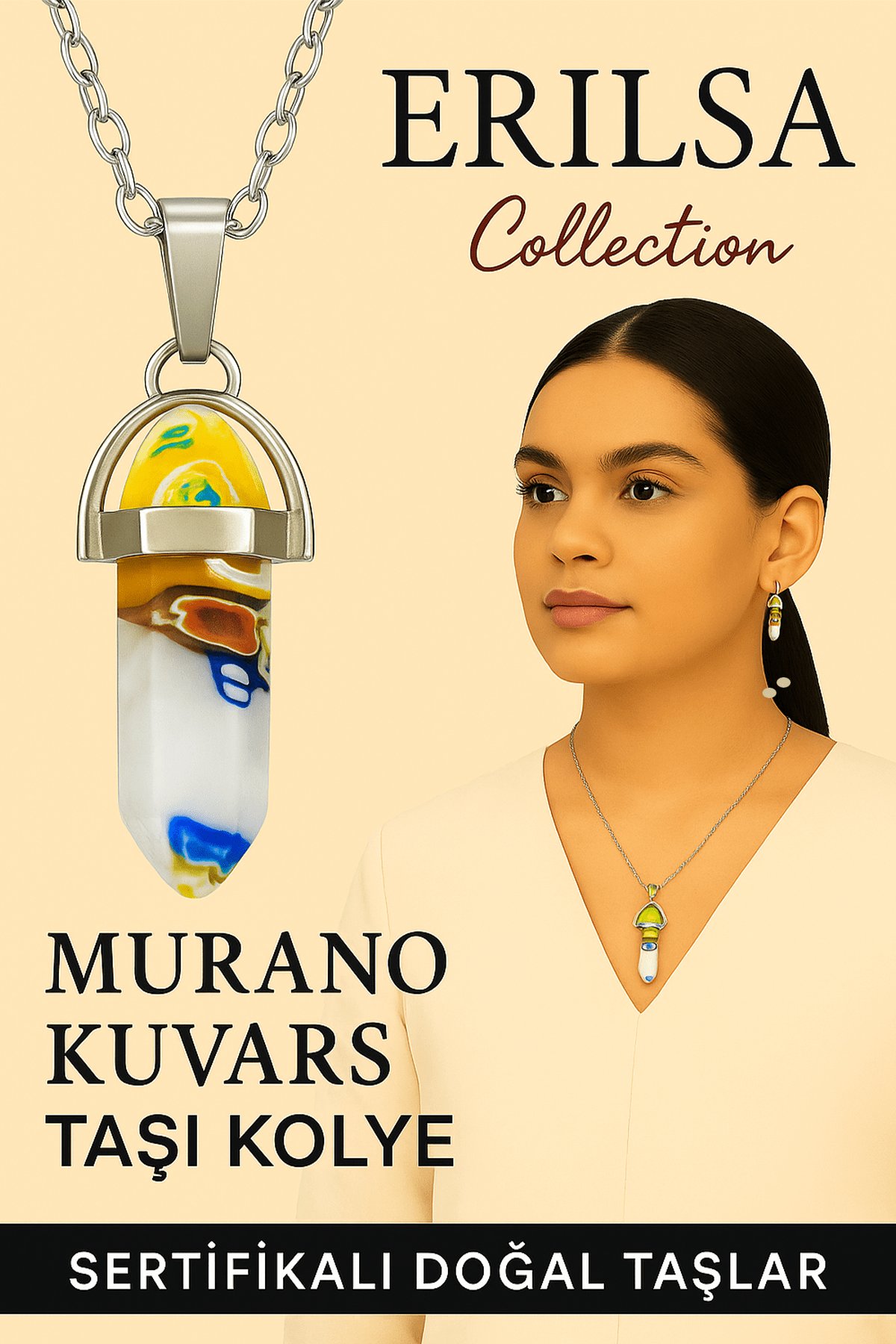 Sertifikalı Çivi Model Murano Kuvars Taşı Kolye (Beyaz Renkli Tonlar Sanat Desenli)