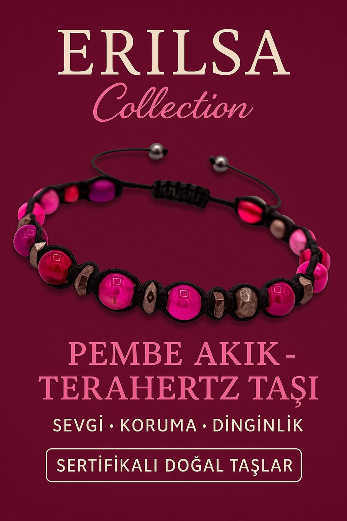 Sertifikalı Pembe Akik ve Terahertz Doğal Taş Bileklik – Sevgi, Koruma ve Dinginlik Dengesi