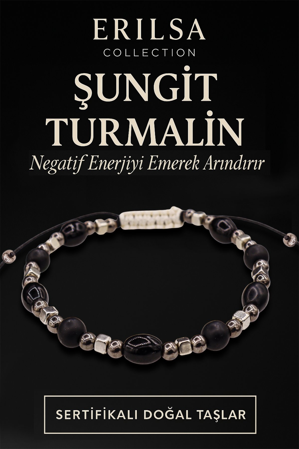 Sertifikalı Şungit - Turmalin Taşı Bileklik – Negatif Enerjiyi Arındırıcı Takı