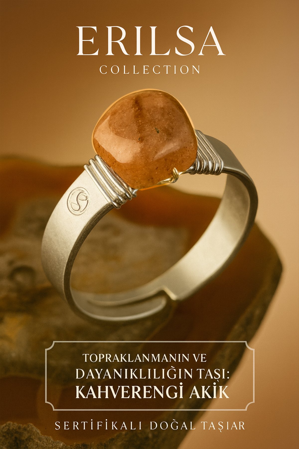 Sertifikalı Doğal Kahverengi Akik Taşı Yüzük – Ayarlanabilir Kalın Tımbıl Kasa