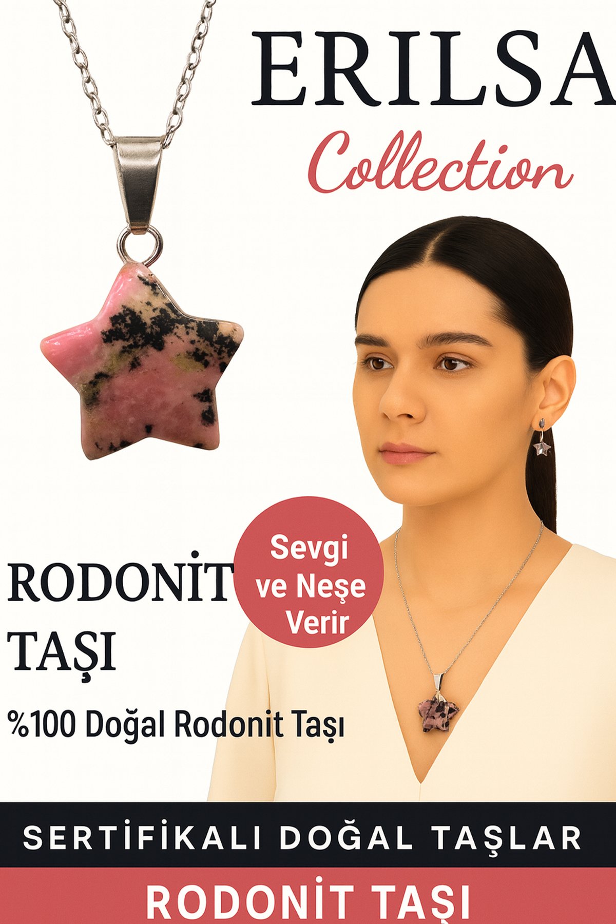 Sertifikalı Yıldız Model Rodonit Doğal Taş Kolye – Sevgi Neşe ve Duygusal Denge Taşı