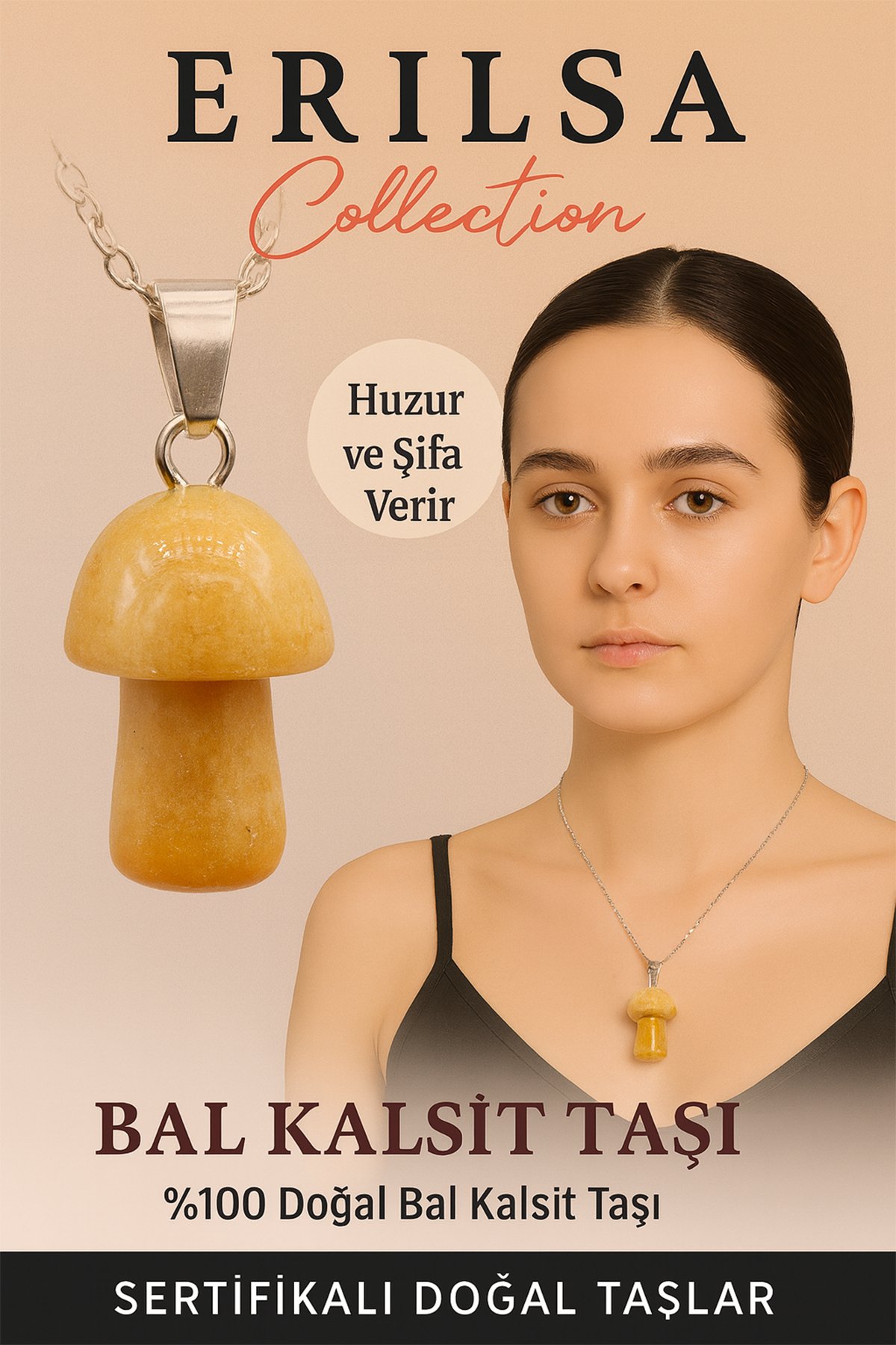 Sertifikalı Mantar Model Bal Kalsit Taşı Kolye Huzur ve Şifa Veren Doğal Taş