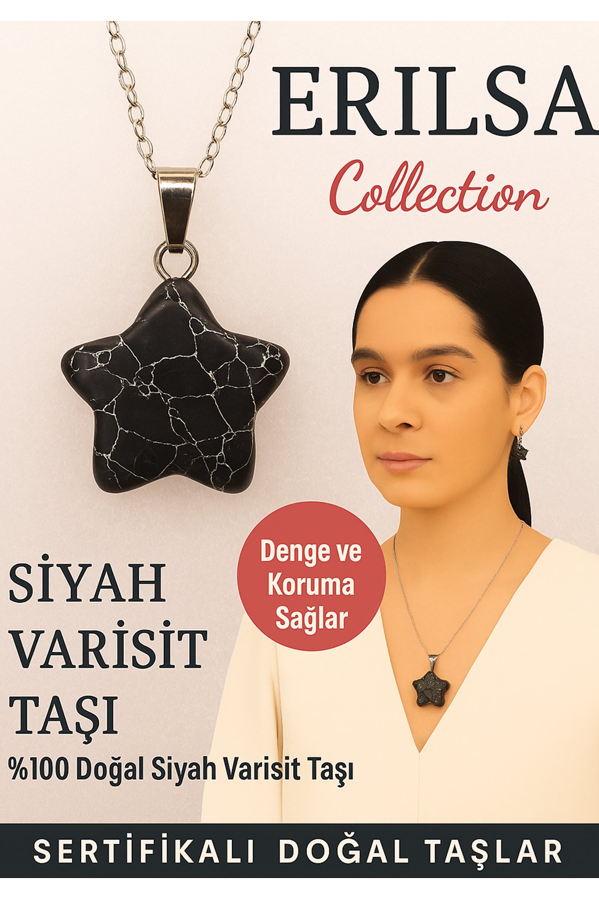 Sertifikalı Yıldız Model Siyah Varisit Doğal Taş Kolye – Denge ve Koruma Sağlar