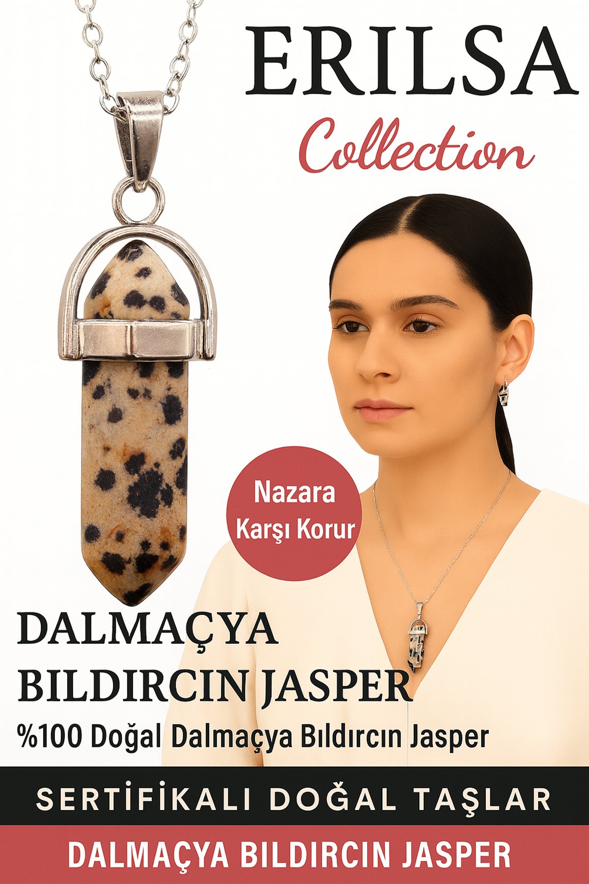 Sertifikalı Çivi Model Dalmaçya Taşı (Dalmatian Jasper) Kolye – Mutluluk Denge ve Koruma Taşı