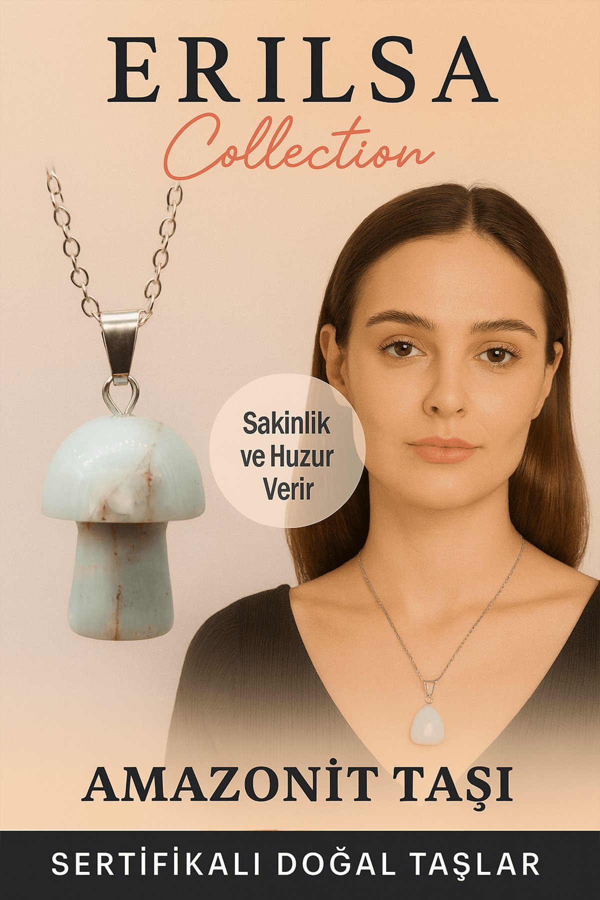 Sertifikalı Mantar Model Amazonit Taşı Kolye - Sakinlik ve Huzur Veren Doğal Taş