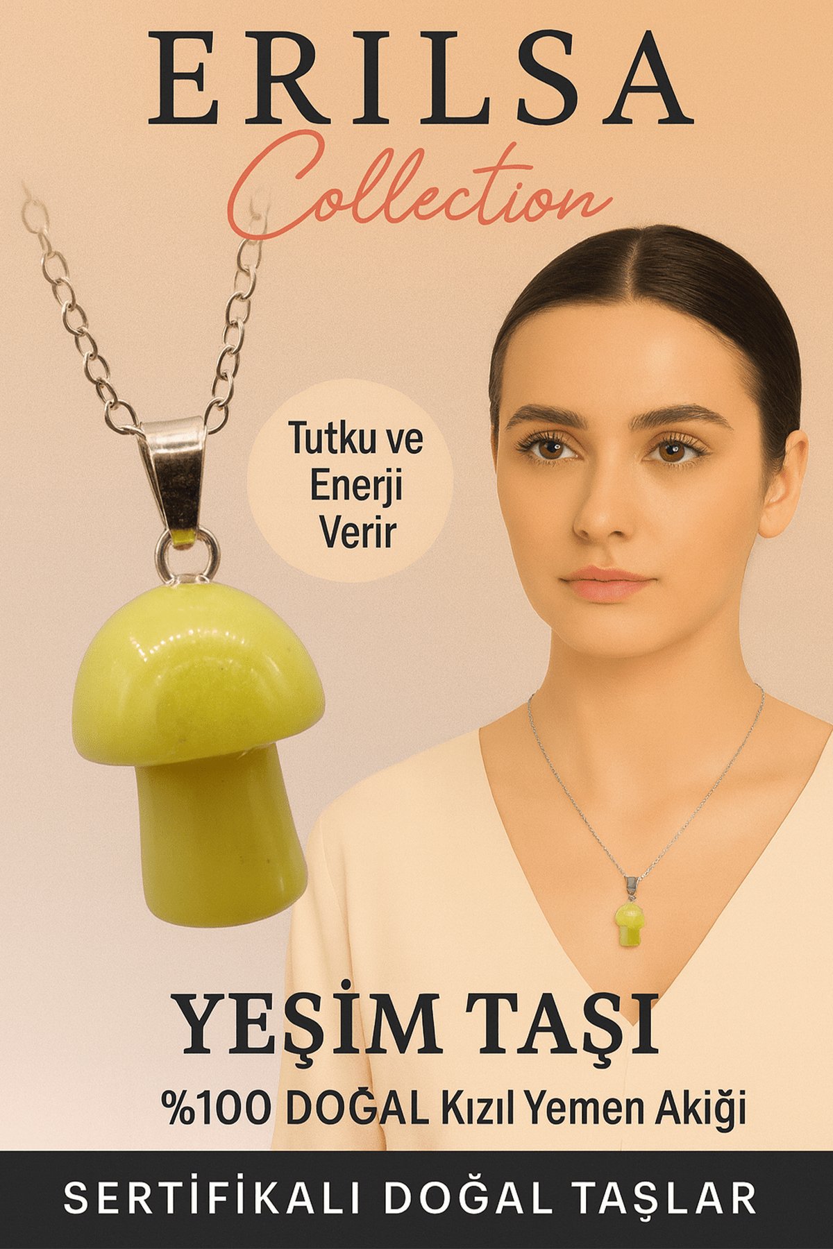 Sertifikalı Mantar Model Yeşim Taşı Kolye Doğal Şifa Denge ve Enerji Veren Kolye