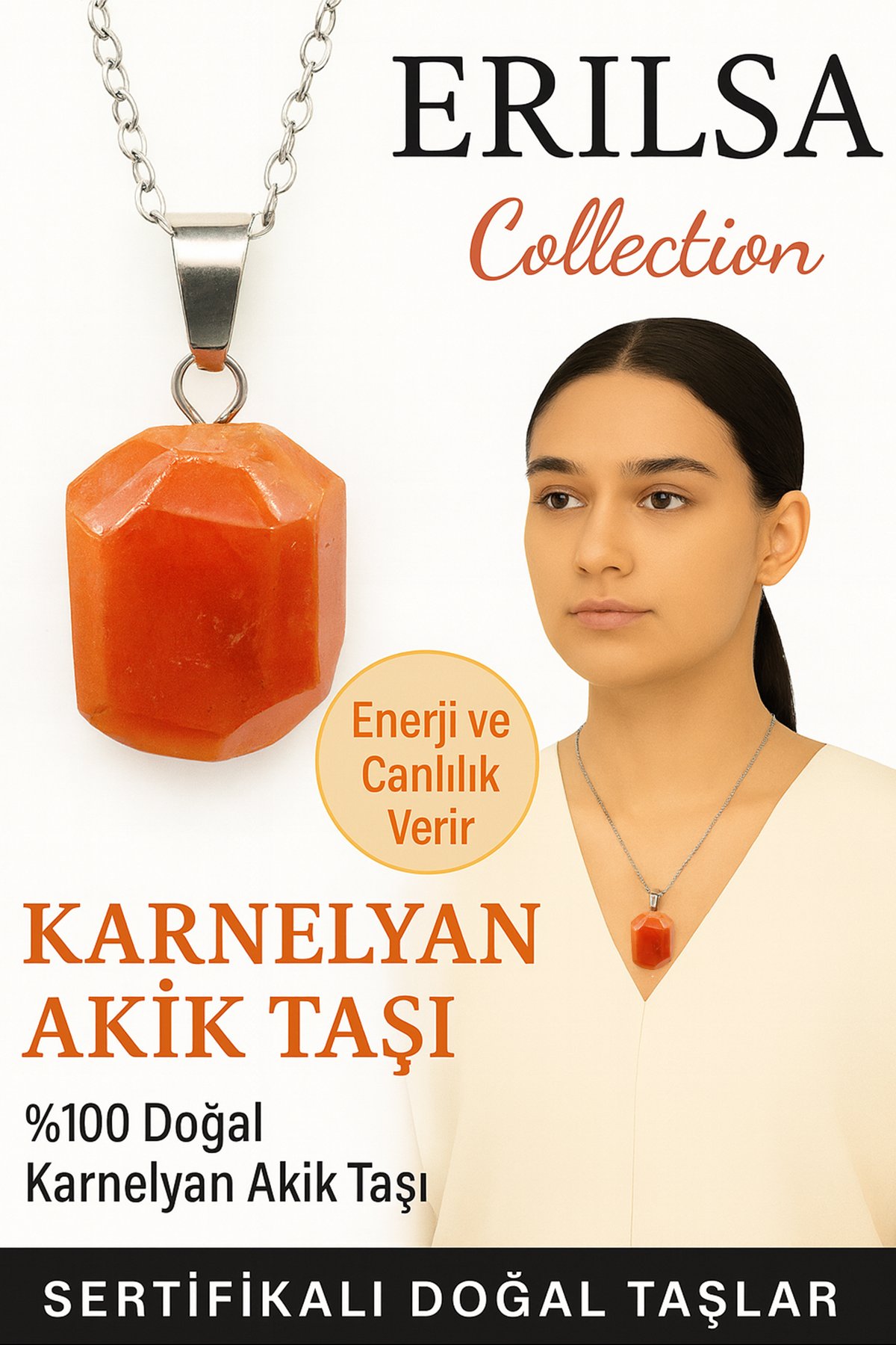 Sertifikalı Fasetli Karnelyan Akik Taşı Kolye – Enerji ve Canlılık Veren Doğal Taş