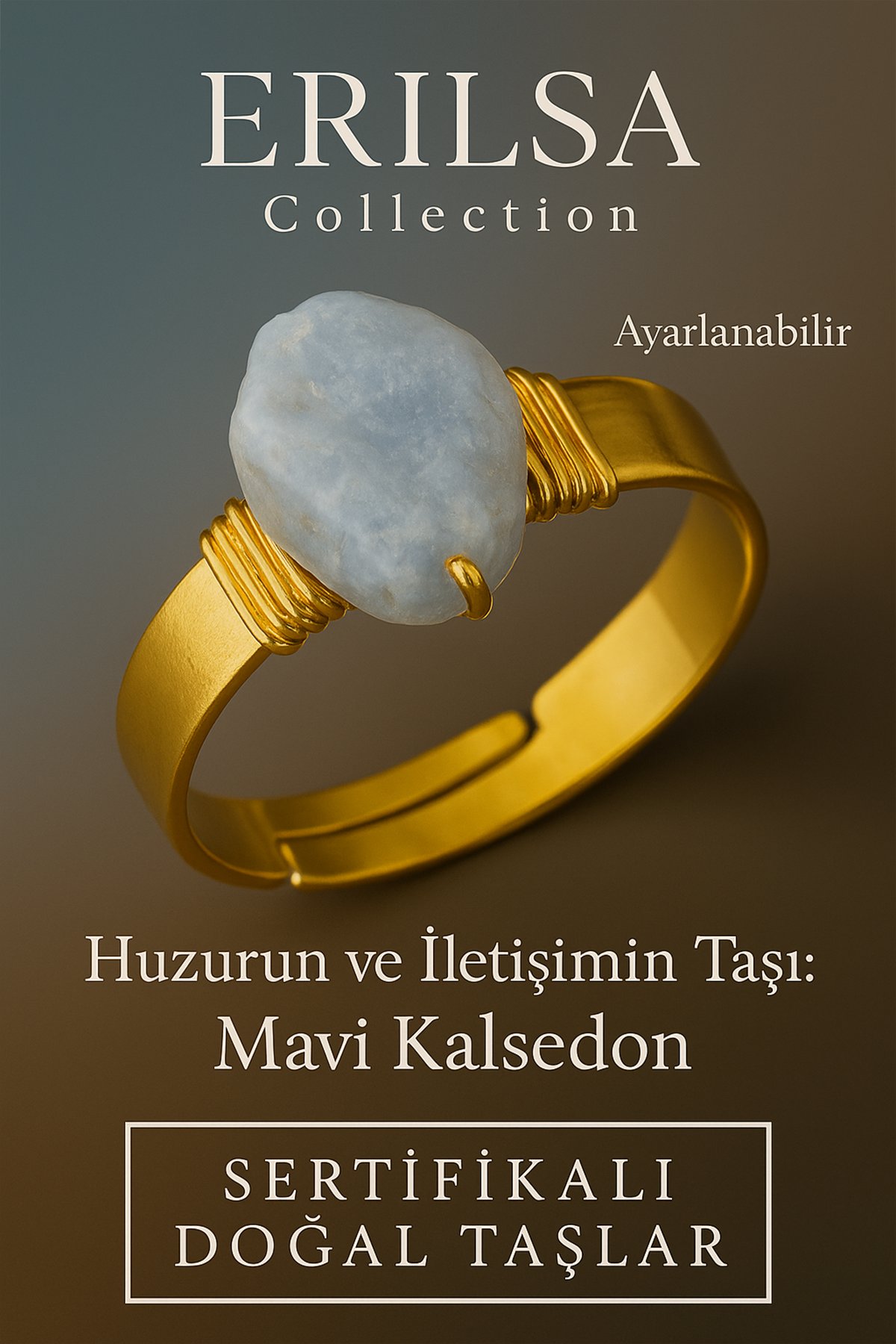 Sertifikalı Doğal Mavi Kalsedon Taşı Yüzük – Kalın Tımbıl Kasa Gold Renk Ayarlanabilir