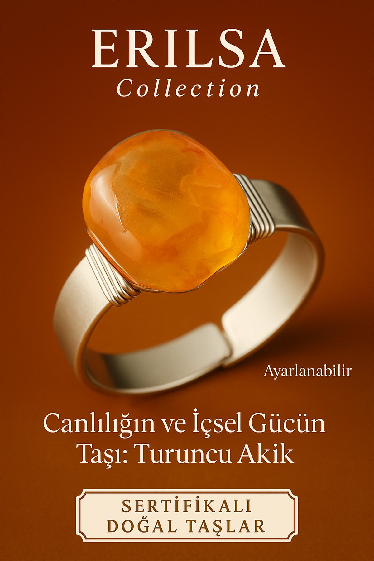 Sertifikalı Doğal Turuncu Akik Taşı Yüzük – Ayarlanabilir Kalın Tımbıl Kasa