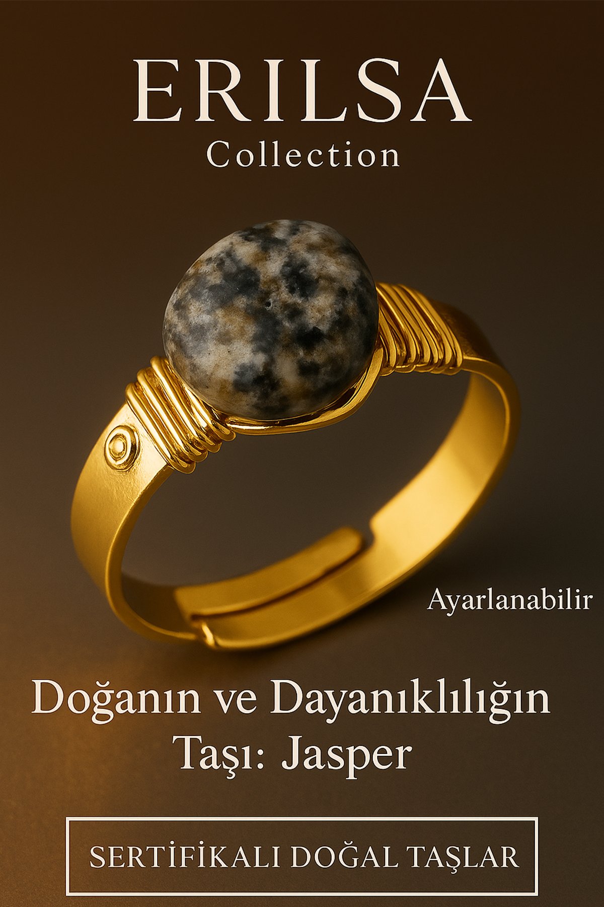 Sertifikalı Doğal Jasper Taşı Yüzük – Kalın Tımbıl Kasa Gold Renk Ayarlanabilir