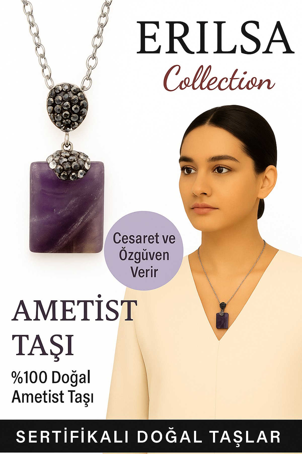 Sertifikalı Zirkon Taşlı Model Doğal Ametist Taşı Kolye – Cesaret ve Özgüven Veren Şık Tasarım
