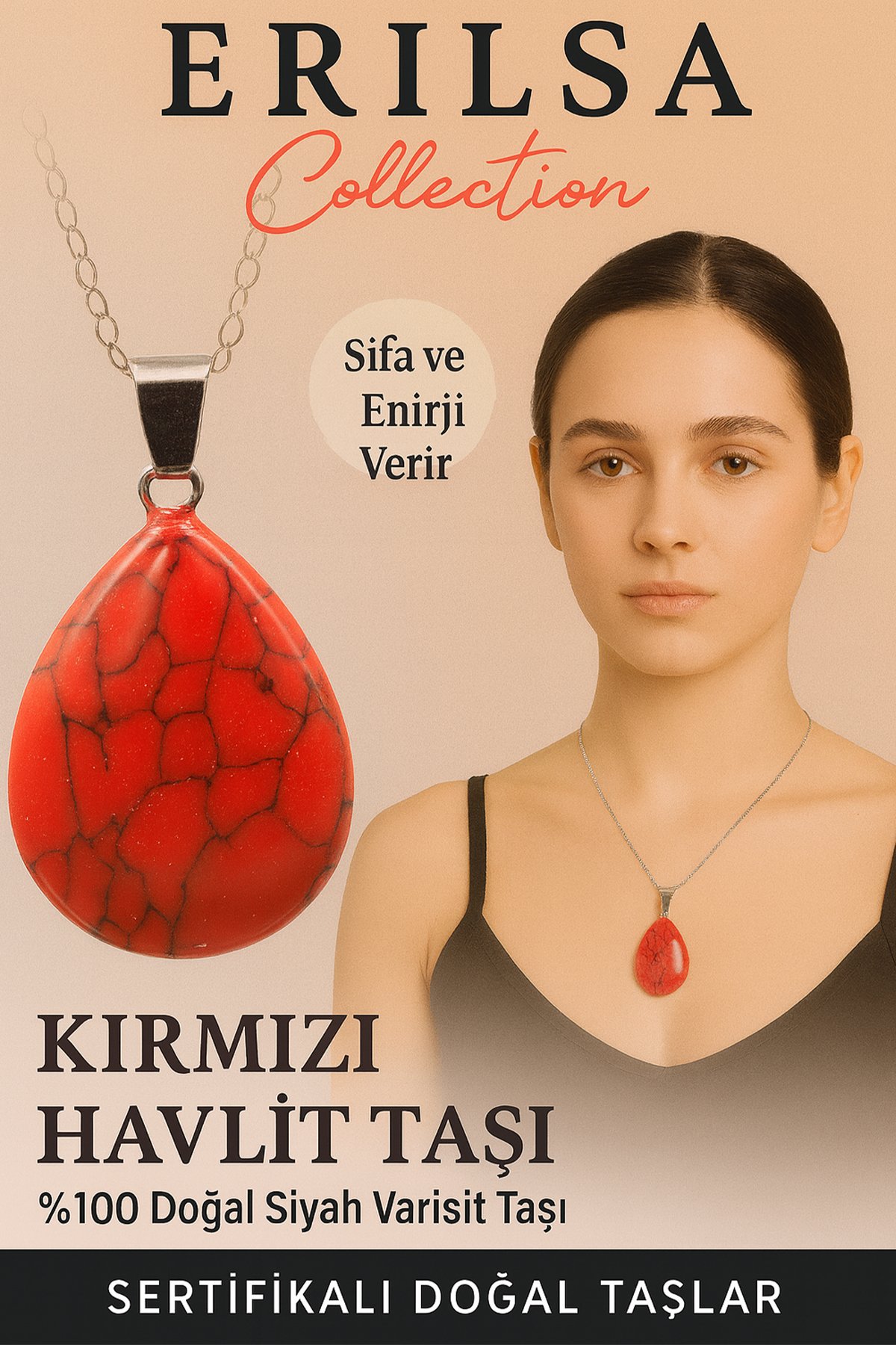 Sertifikalı Damla Model Kırmızı Havlit Taşı Kolye - Şifa ve Enerji Veren Doğal Taş