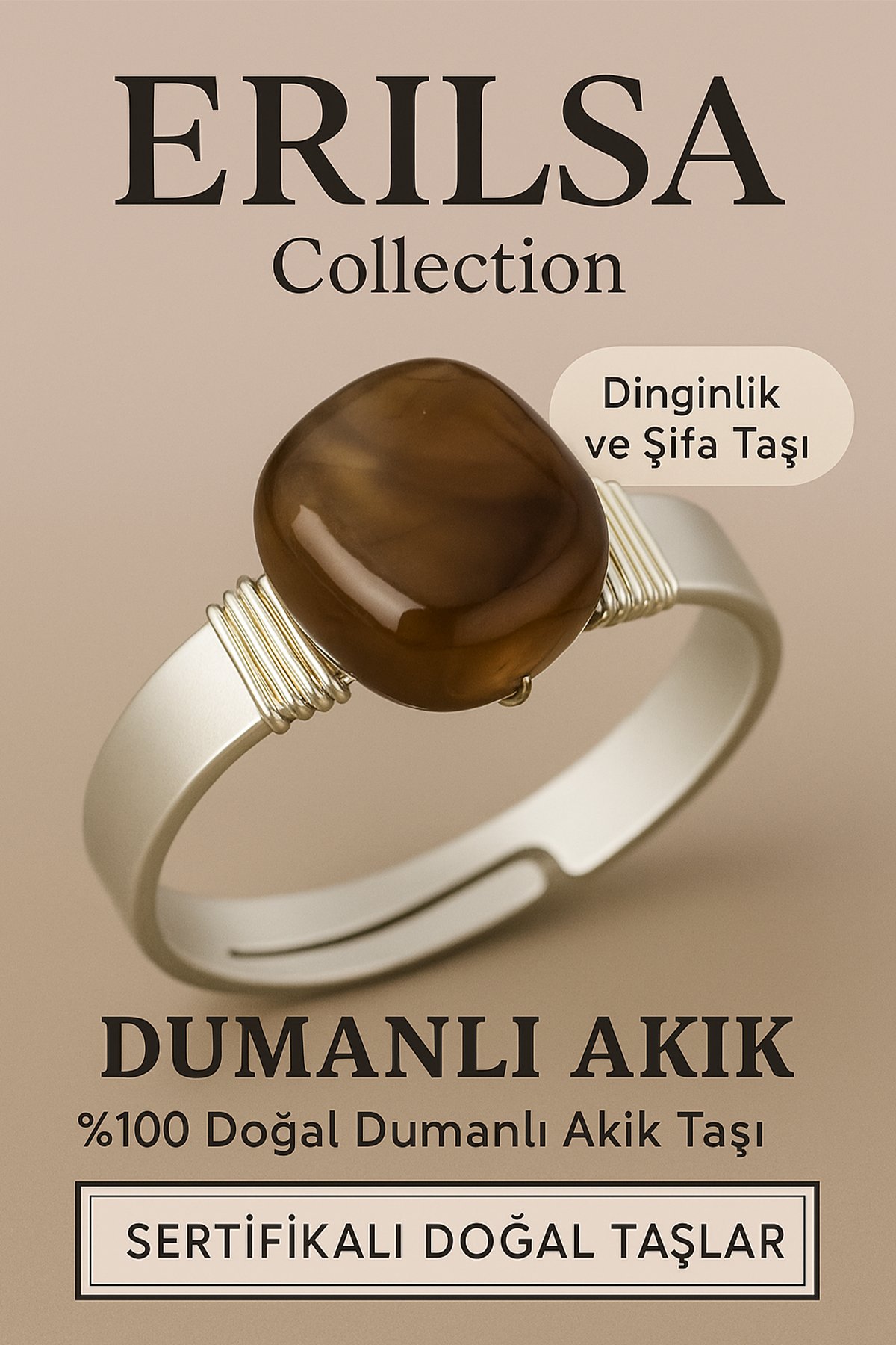 Sertifikalı Doğal Dumanlı Akik Taşı Yüzük – Ayarlanabilir Kalın Tımbıl Kasa